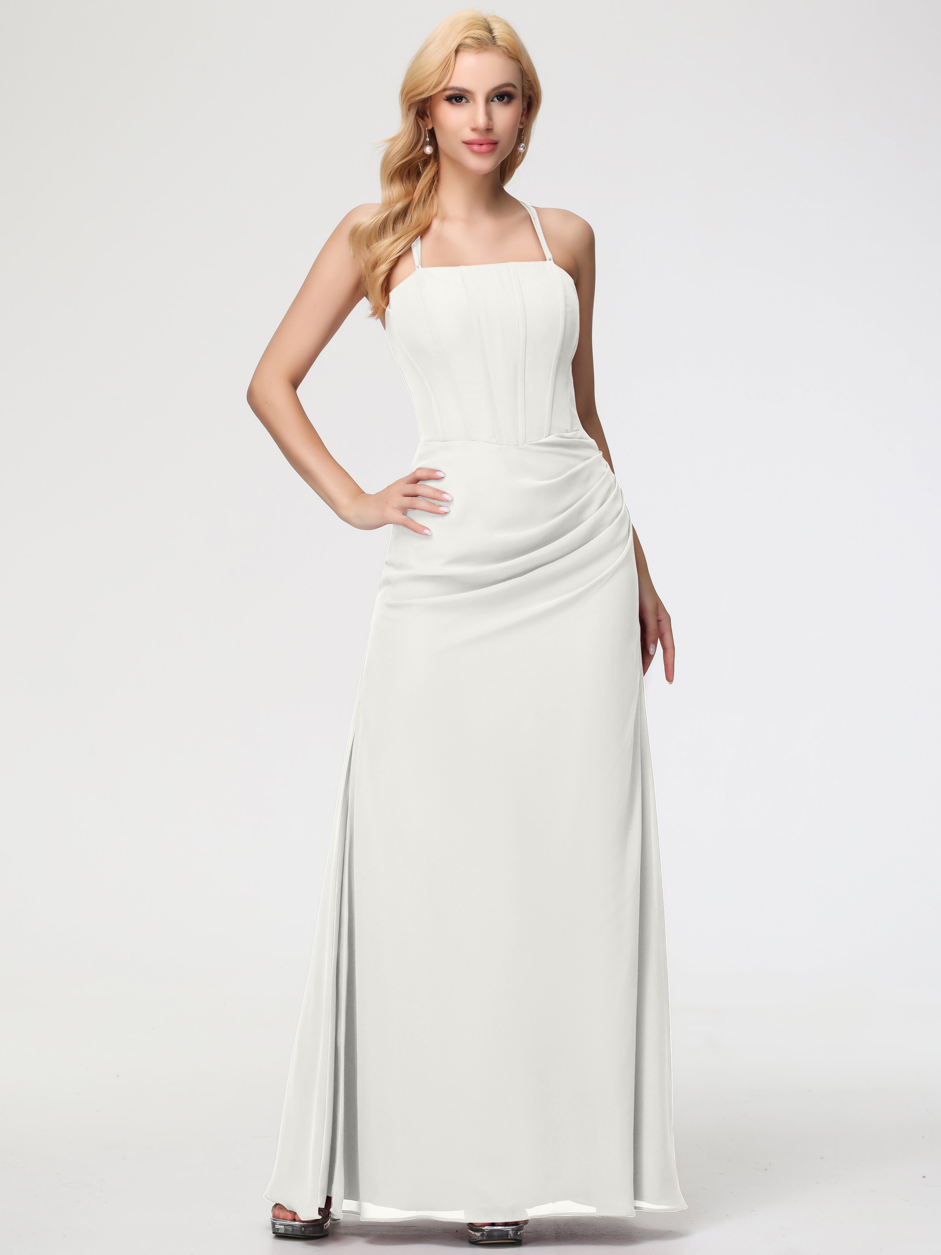 Spaghetti Straps Sheath/Column Long Chiffon Bridesmaid Dresses With Split