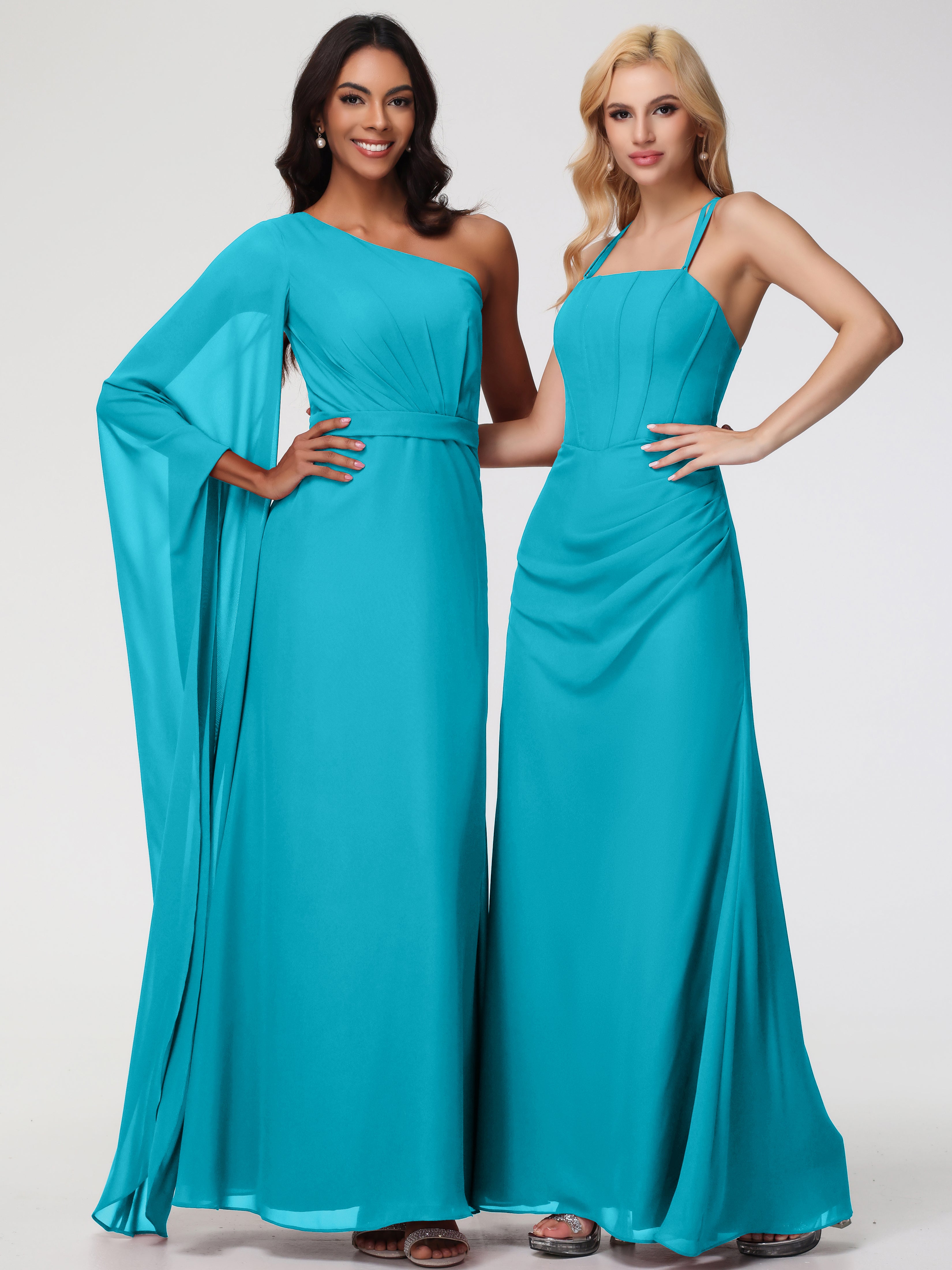 Spaghetti Straps Sheath/Column Long Chiffon Bridesmaid Dresses With Split