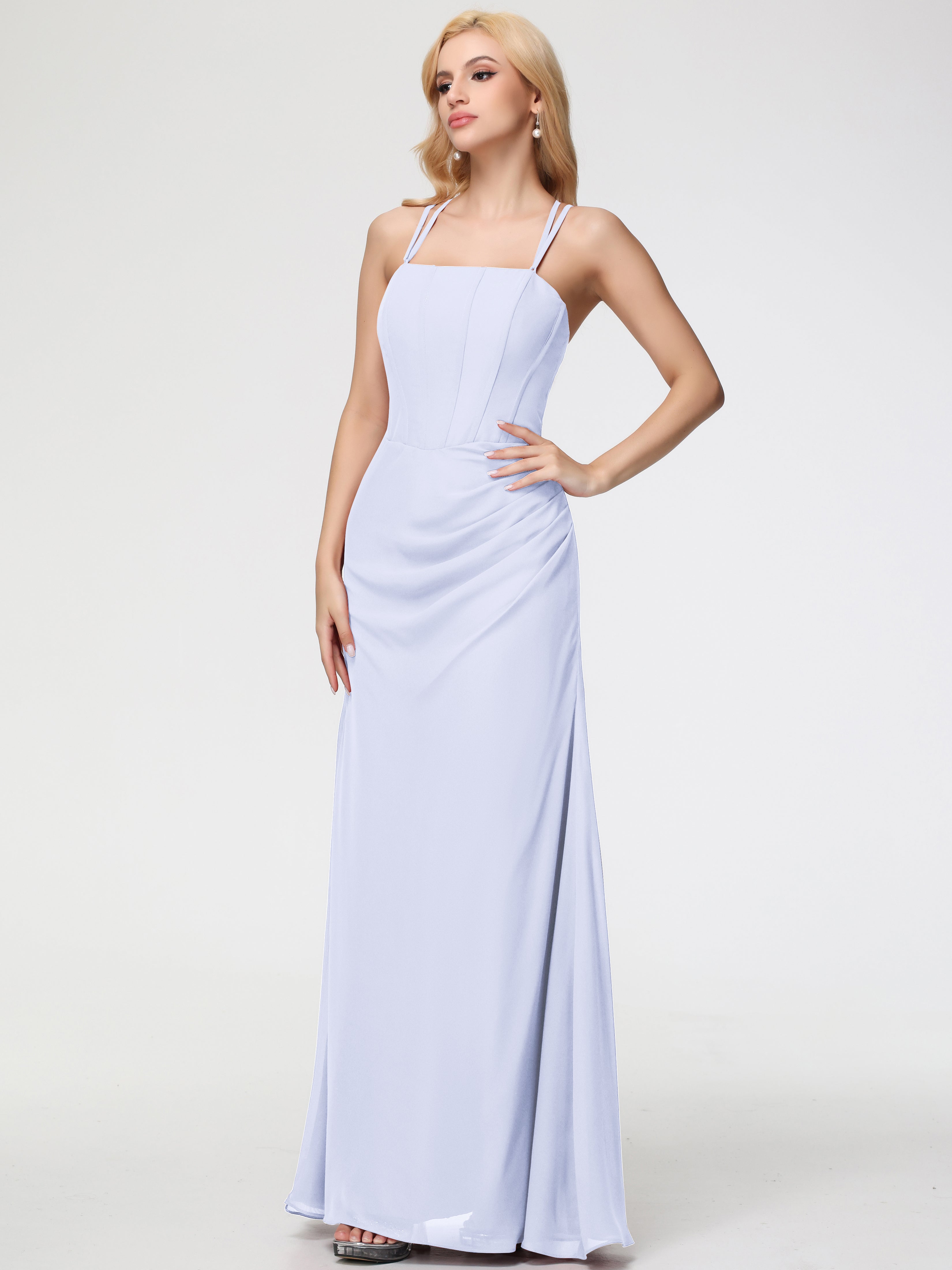 Spaghetti Straps Sheath/Column Long Chiffon Bridesmaid Dresses With Split