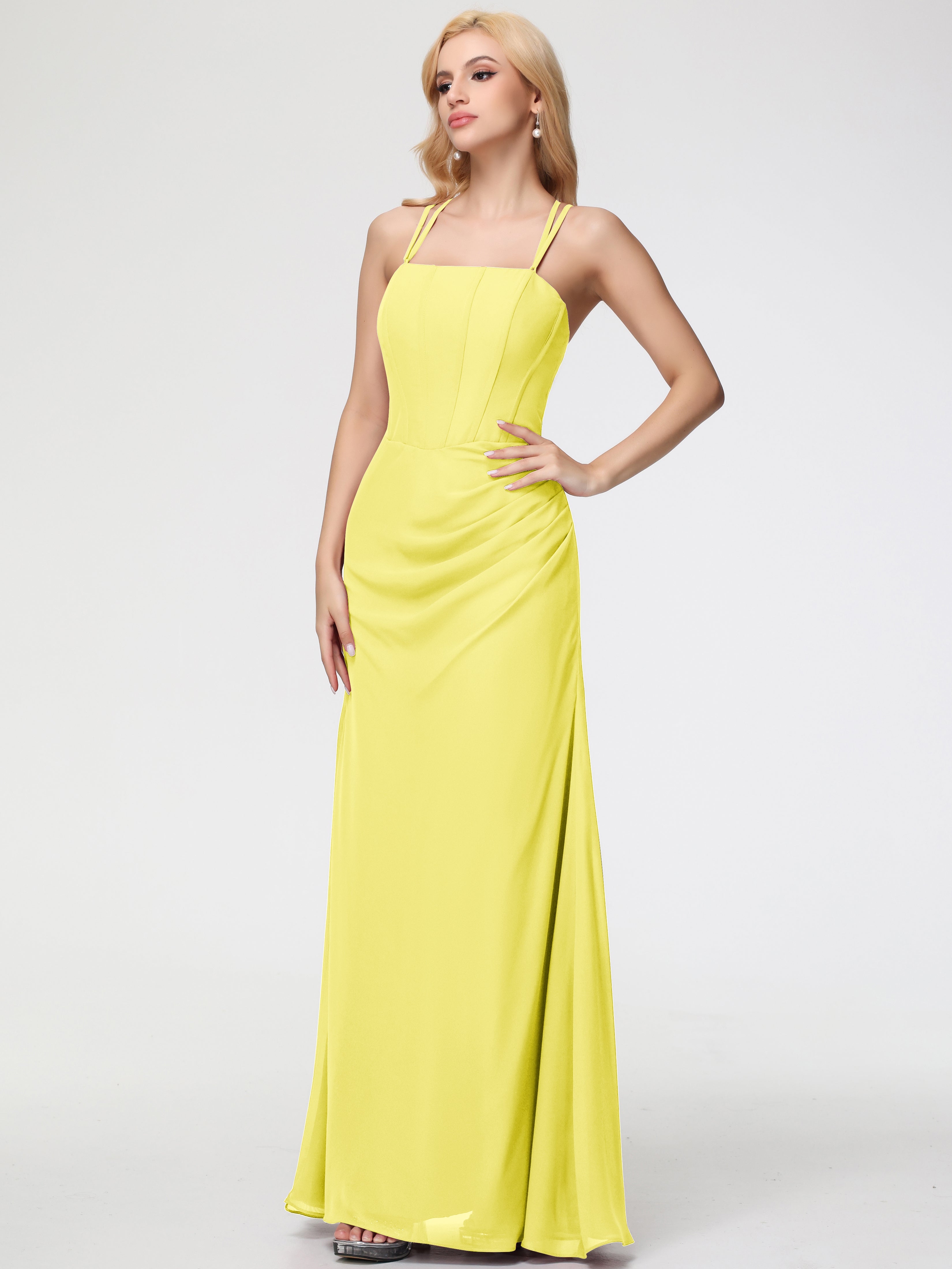 Spaghetti Straps Sheath/Column Long Chiffon Bridesmaid Dresses With Split