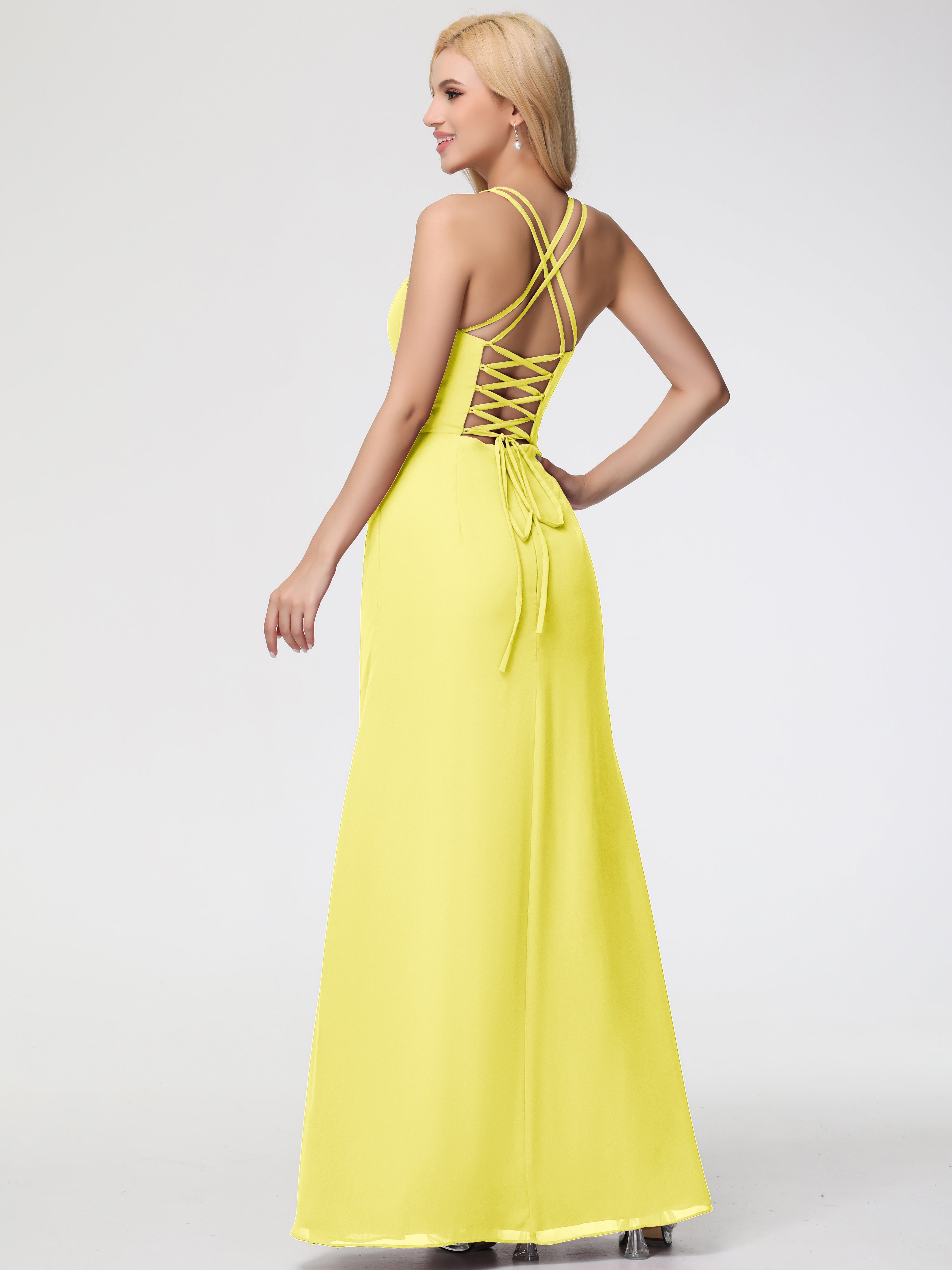 Spaghetti Straps Sheath/Column Long Chiffon Bridesmaid Dresses With Split
