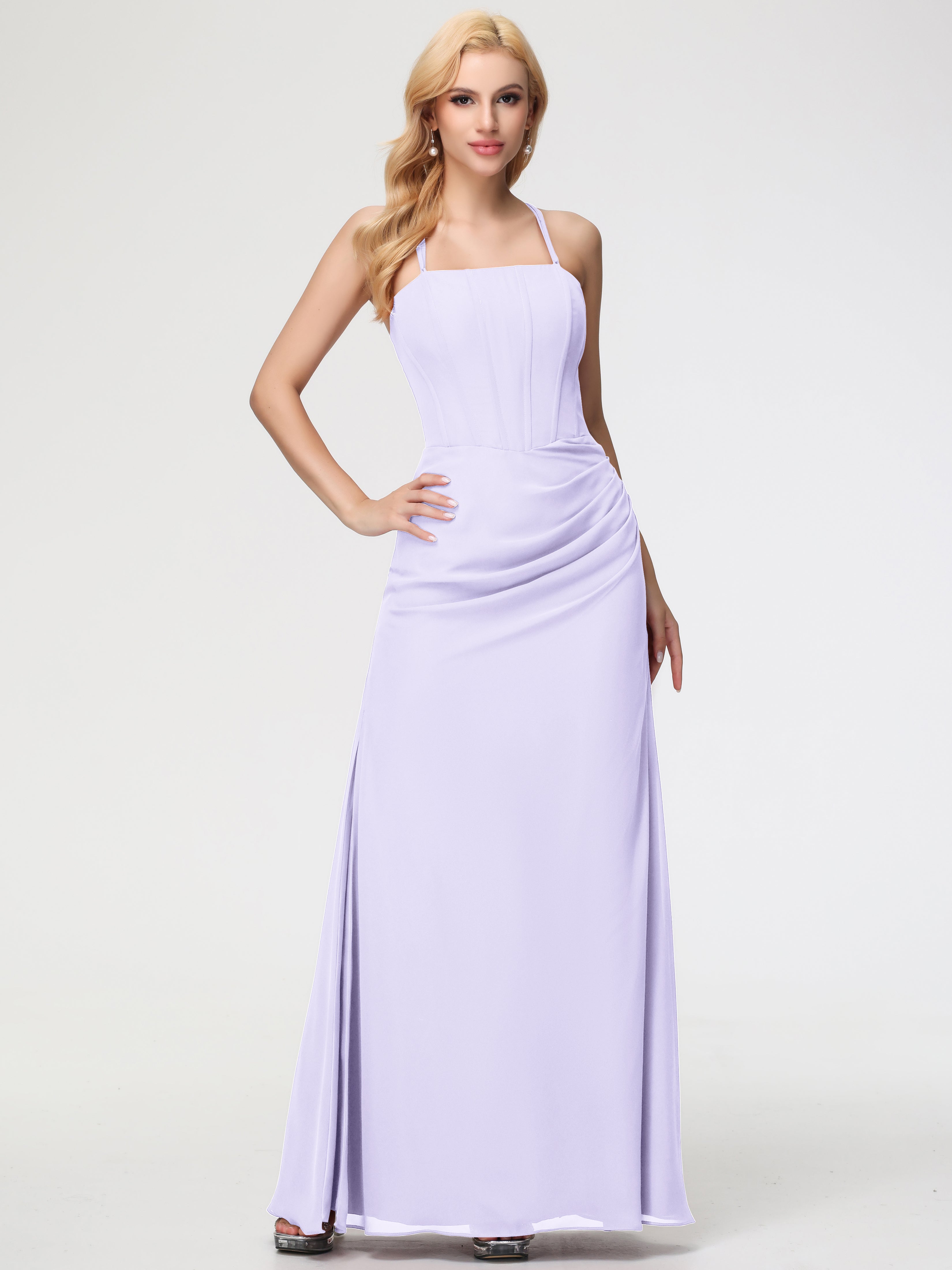 Spaghetti Straps Sheath/Column Long Chiffon Bridesmaid Dresses With Split