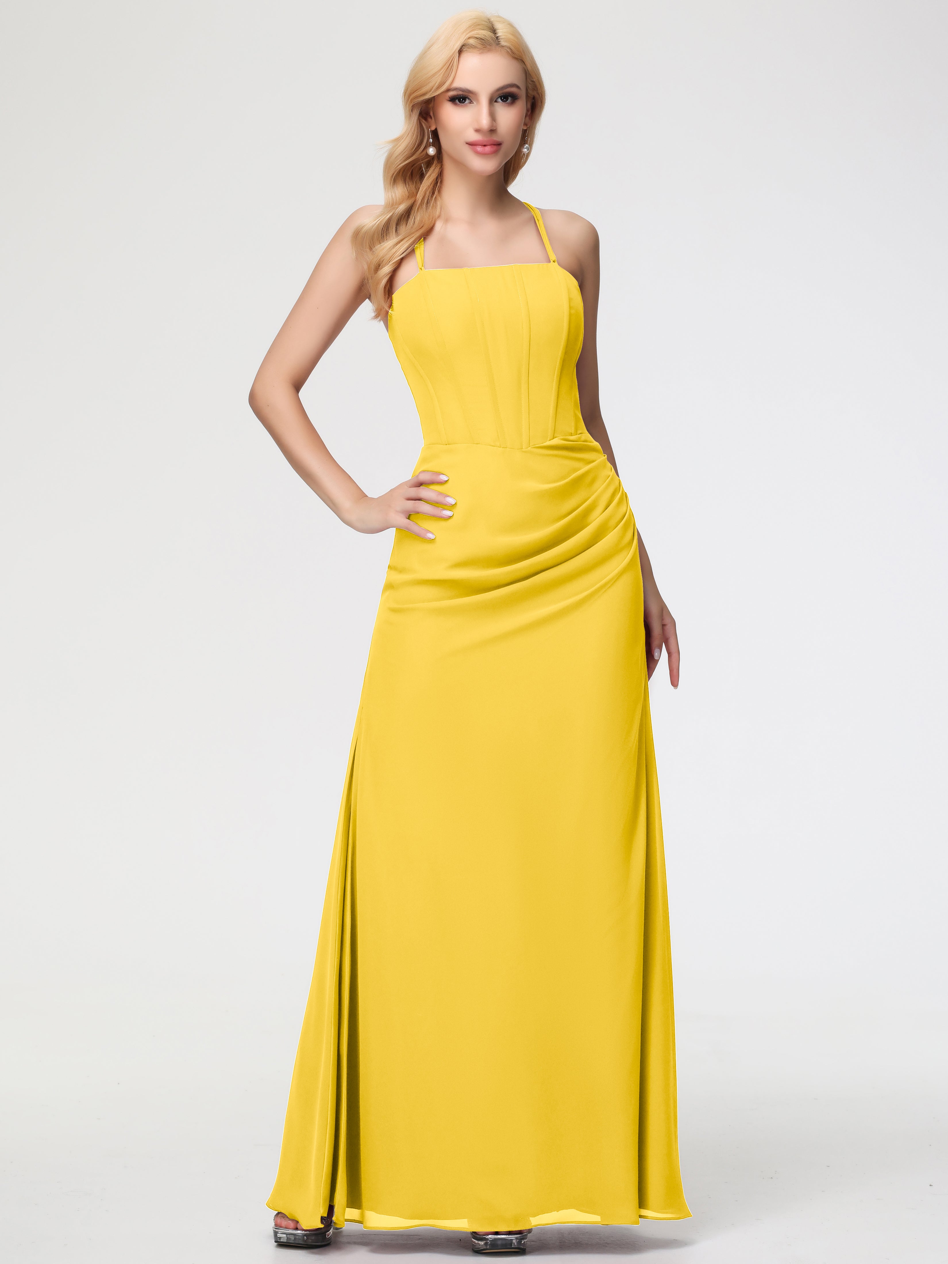 Spaghetti Straps Sheath/Column Long Chiffon Bridesmaid Dresses With Split