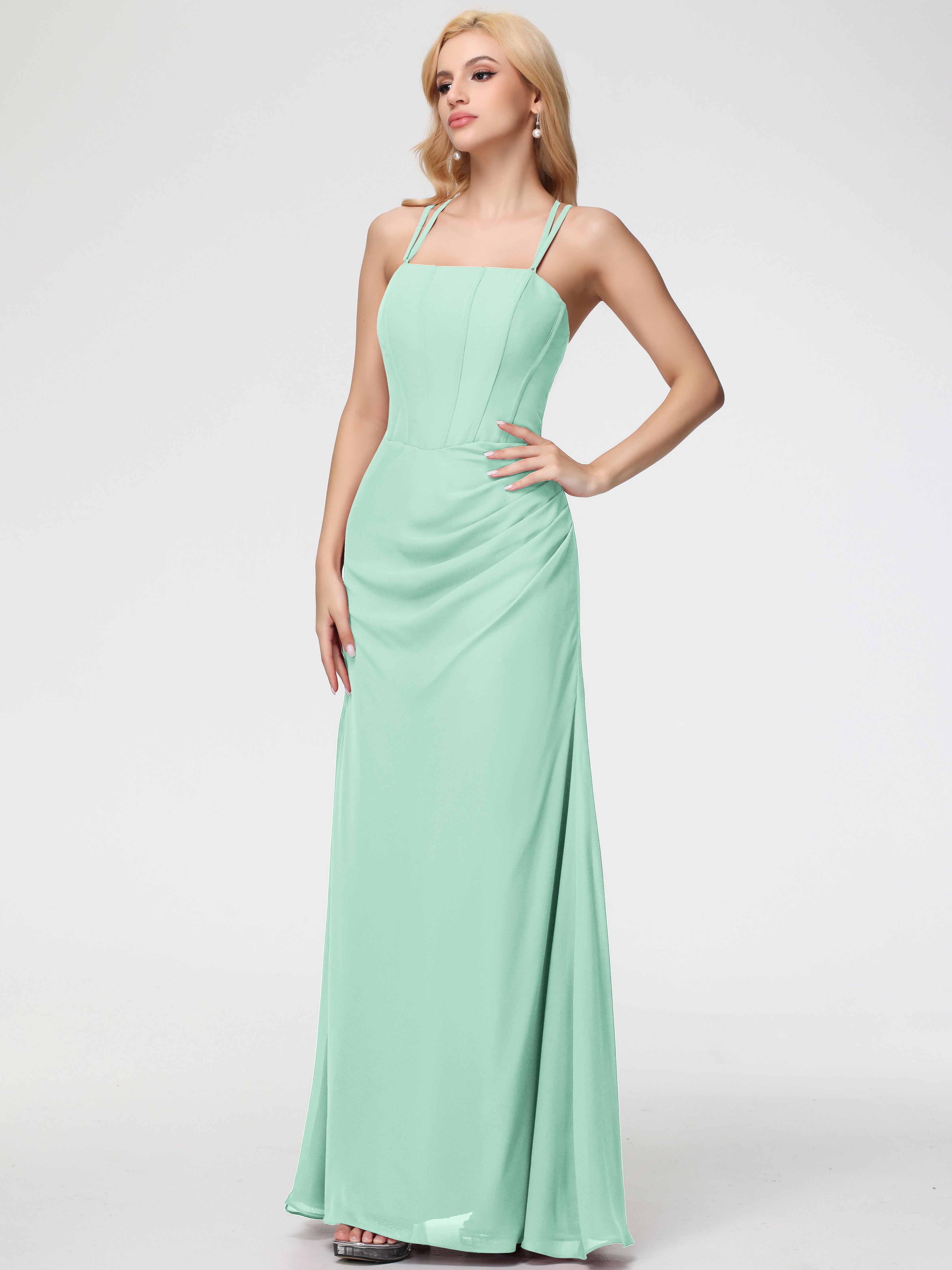 Spaghetti Straps Sheath/Column Long Chiffon Bridesmaid Dresses With Split
