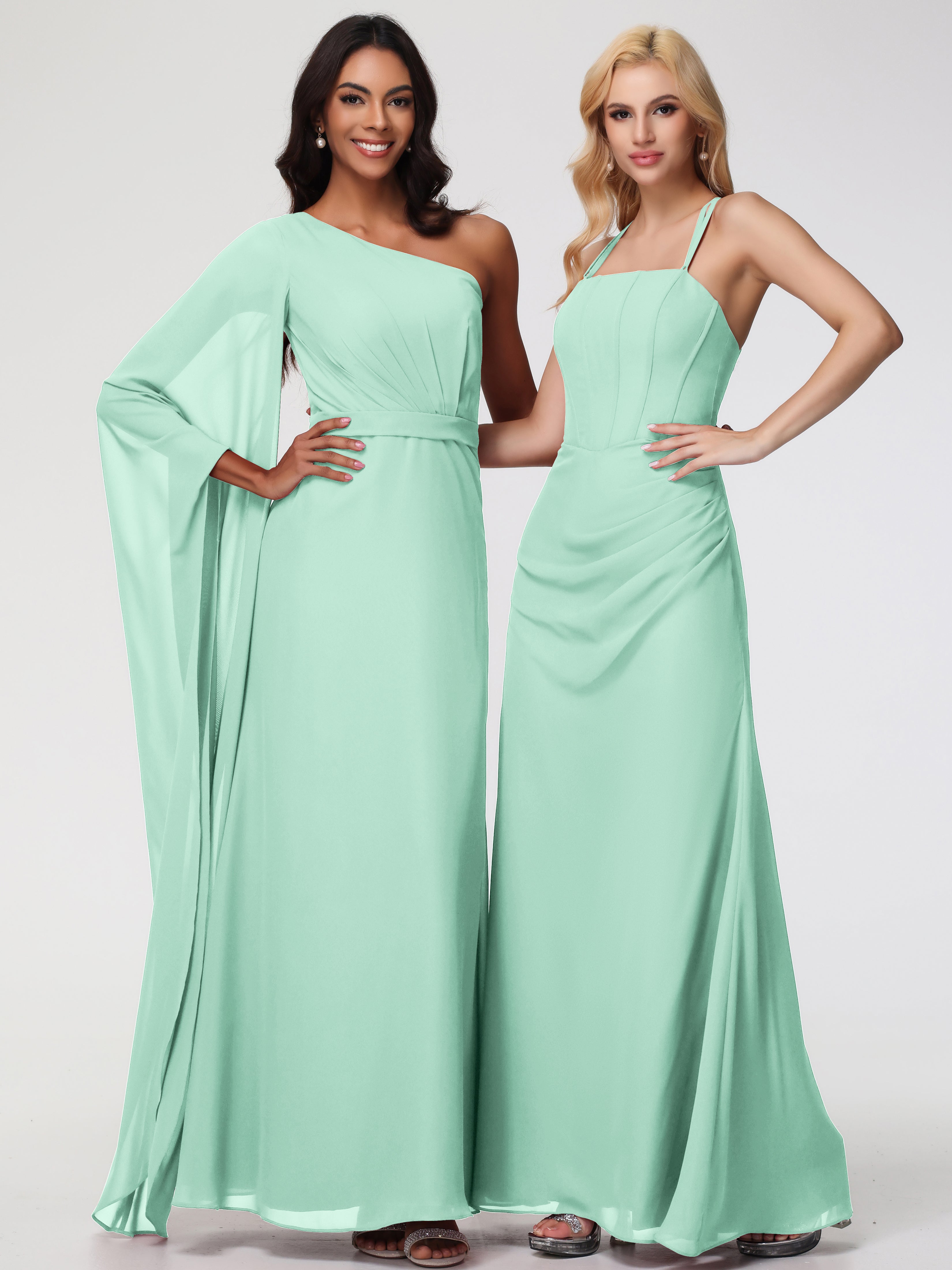 Spaghetti Straps Sheath/Column Long Chiffon Bridesmaid Dresses With Split