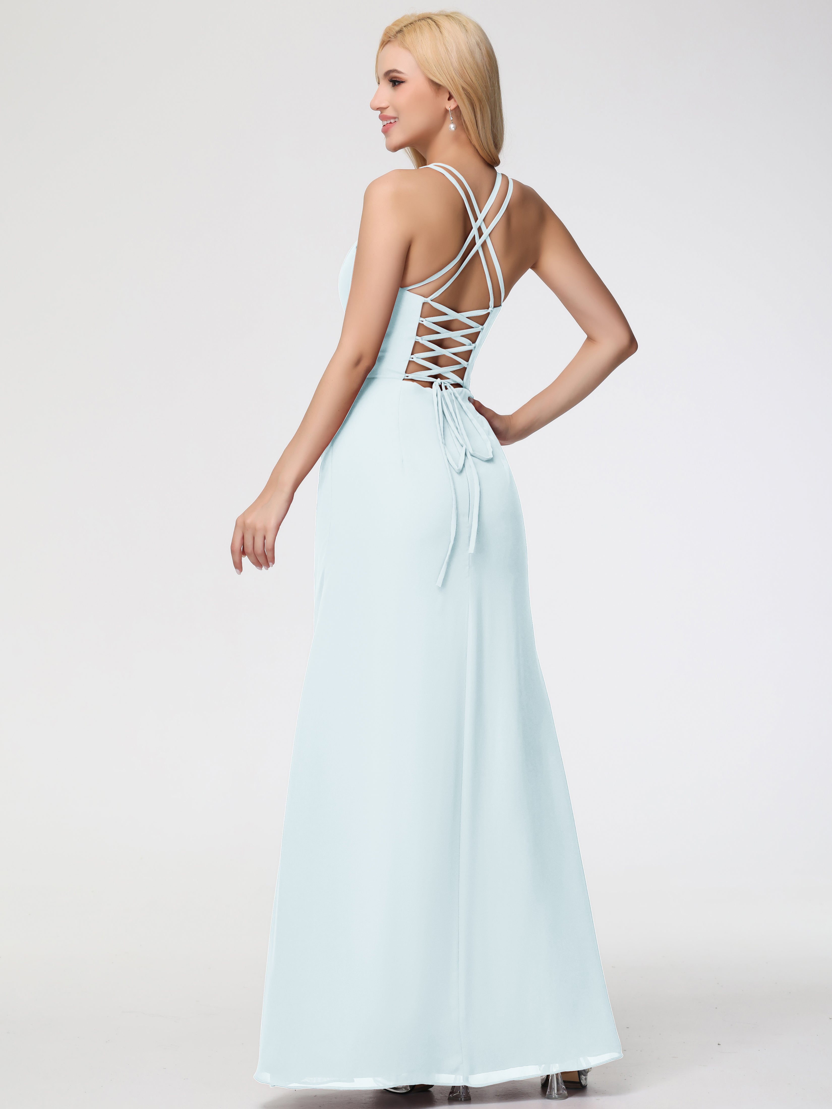 Spaghetti Straps Sheath/Column Long Chiffon Bridesmaid Dresses With Split