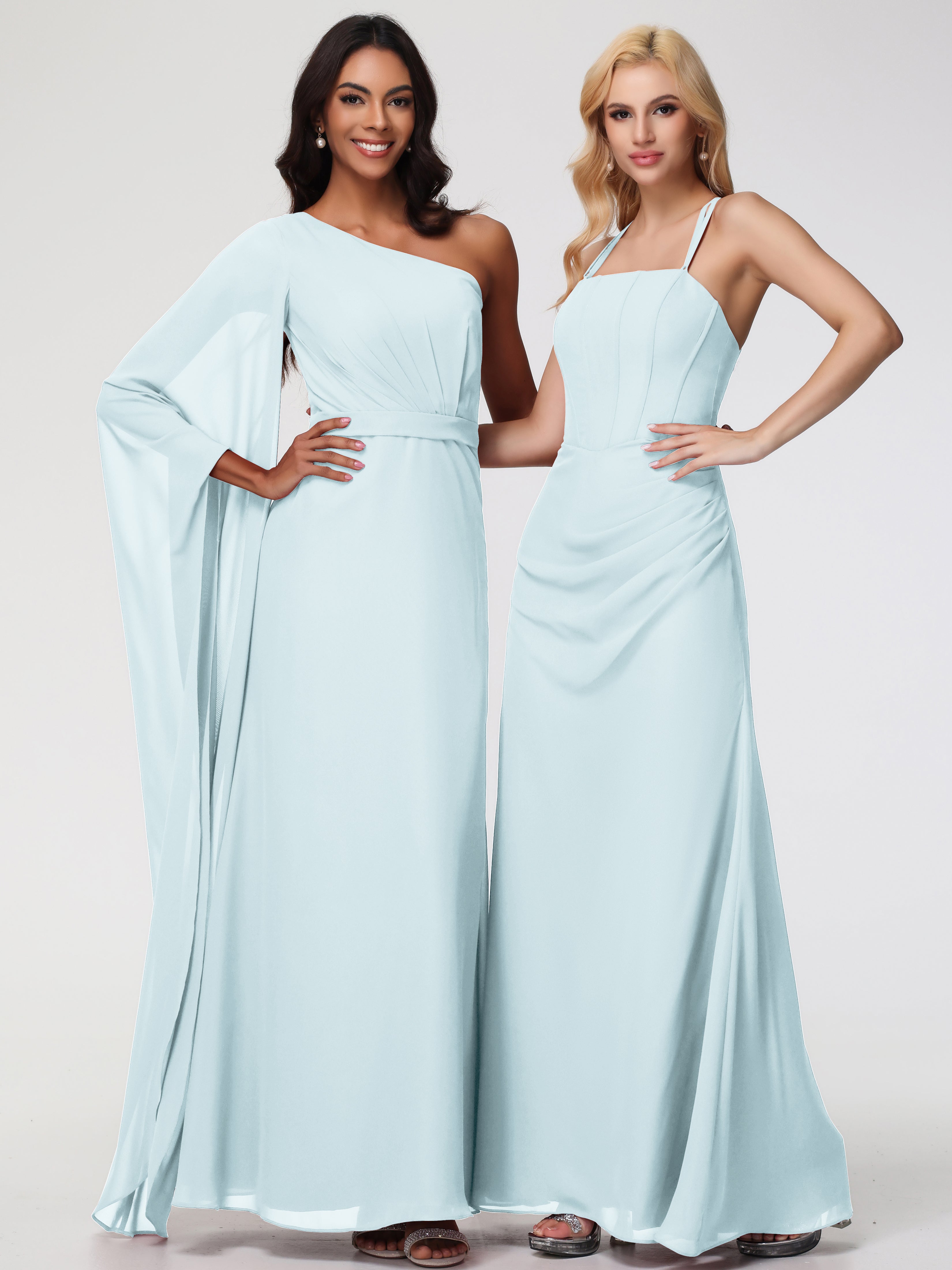 Spaghetti Straps Sheath/Column Long Chiffon Bridesmaid Dresses With Split