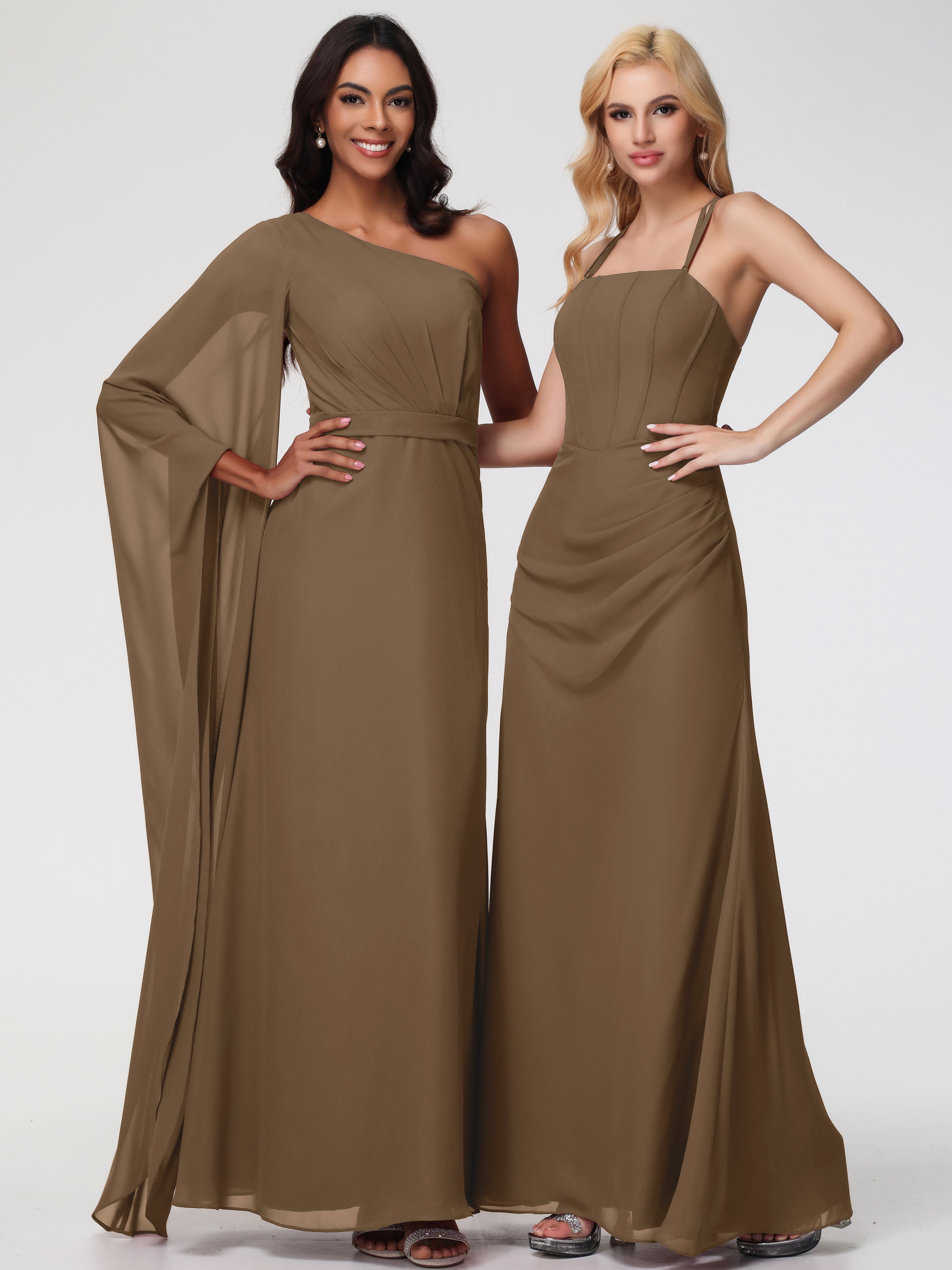 Spaghetti Straps Sheath/Column Long Chiffon Bridesmaid Dresses With Split