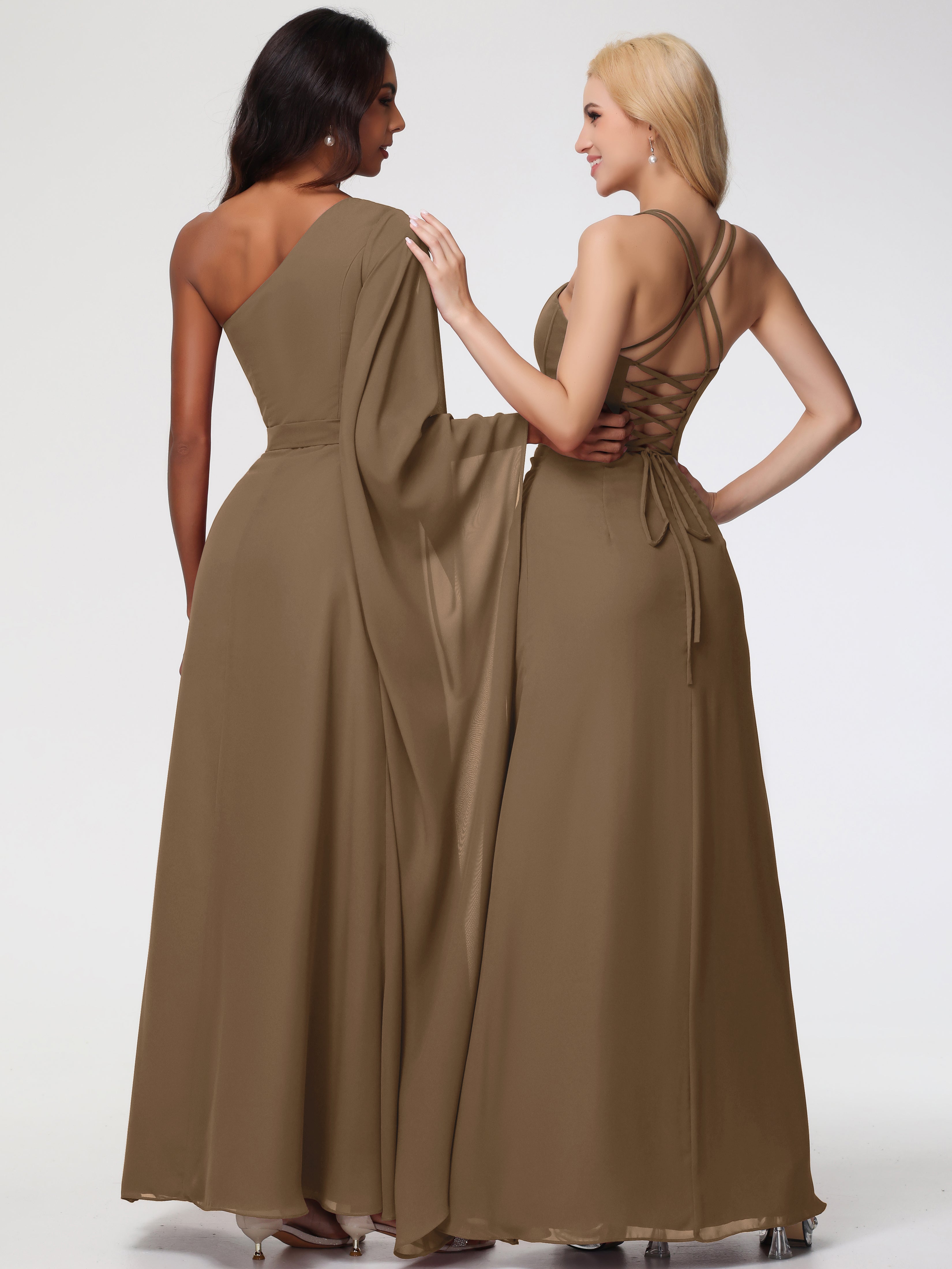 Spaghetti Straps Sheath/Column Long Chiffon Bridesmaid Dresses With Split