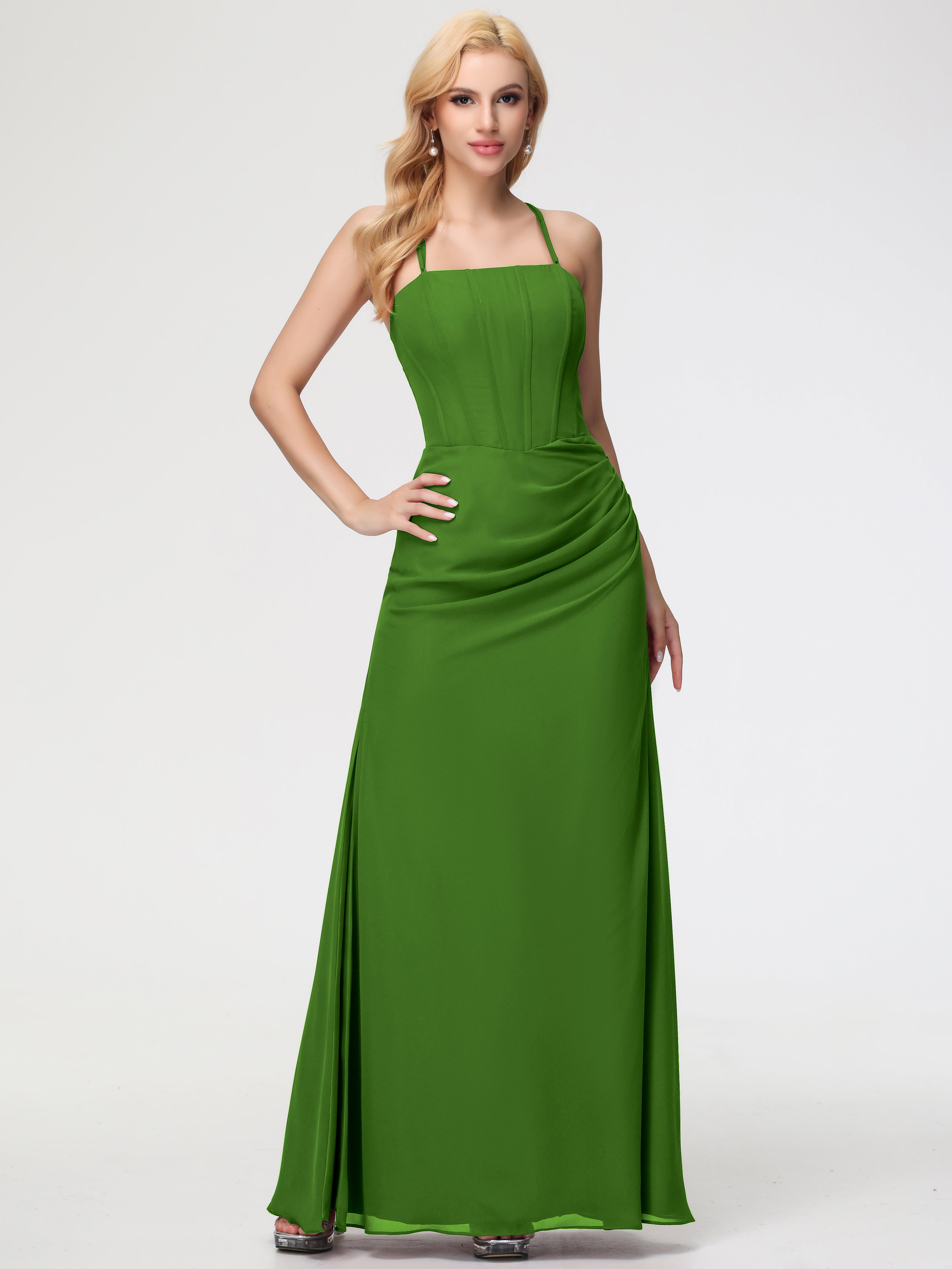 Spaghetti Straps Sheath/Column Long Chiffon Bridesmaid Dresses With Split