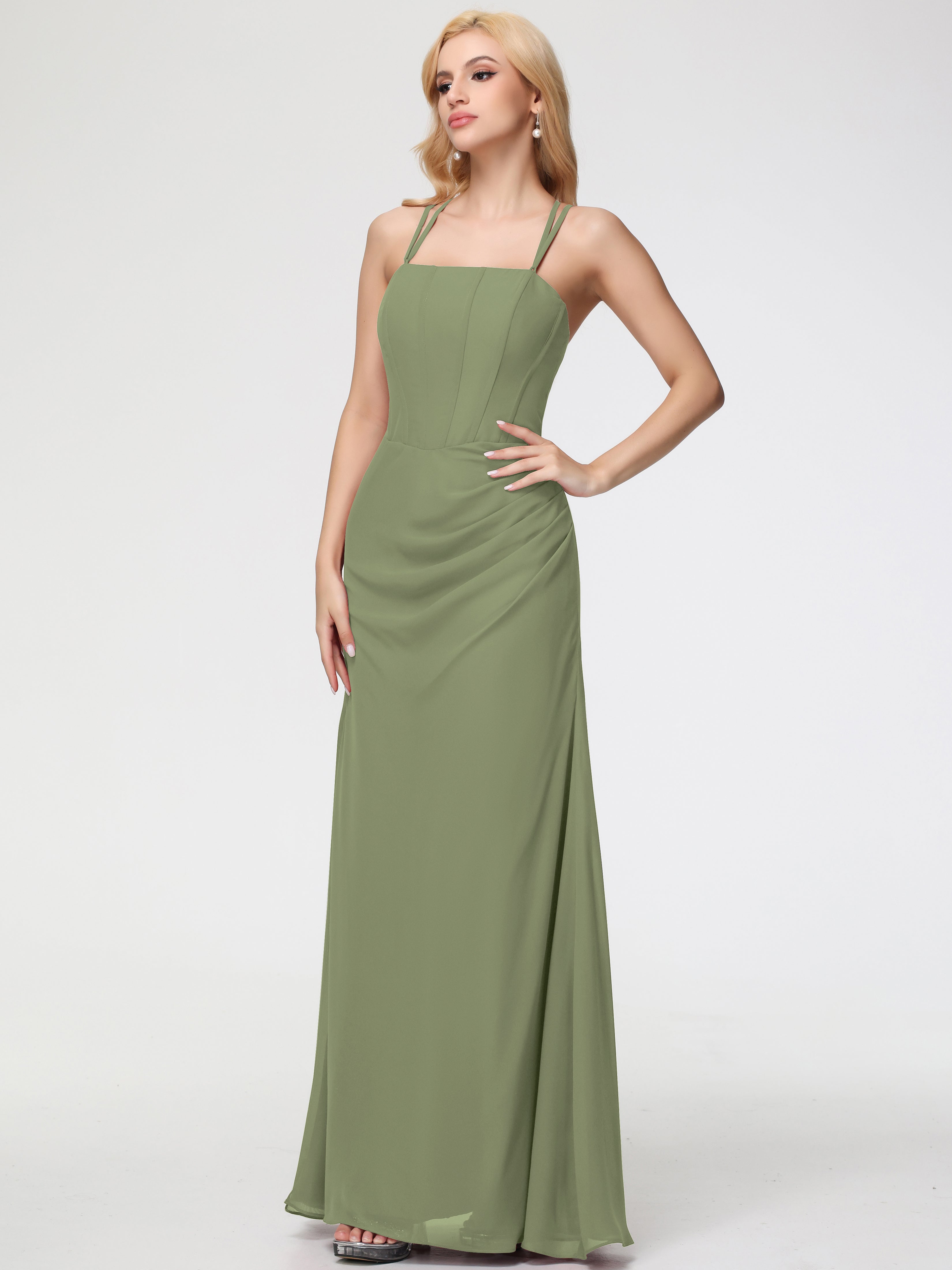 Spaghetti Straps Sheath/Column Long Chiffon Bridesmaid Dresses With Split (Copy)