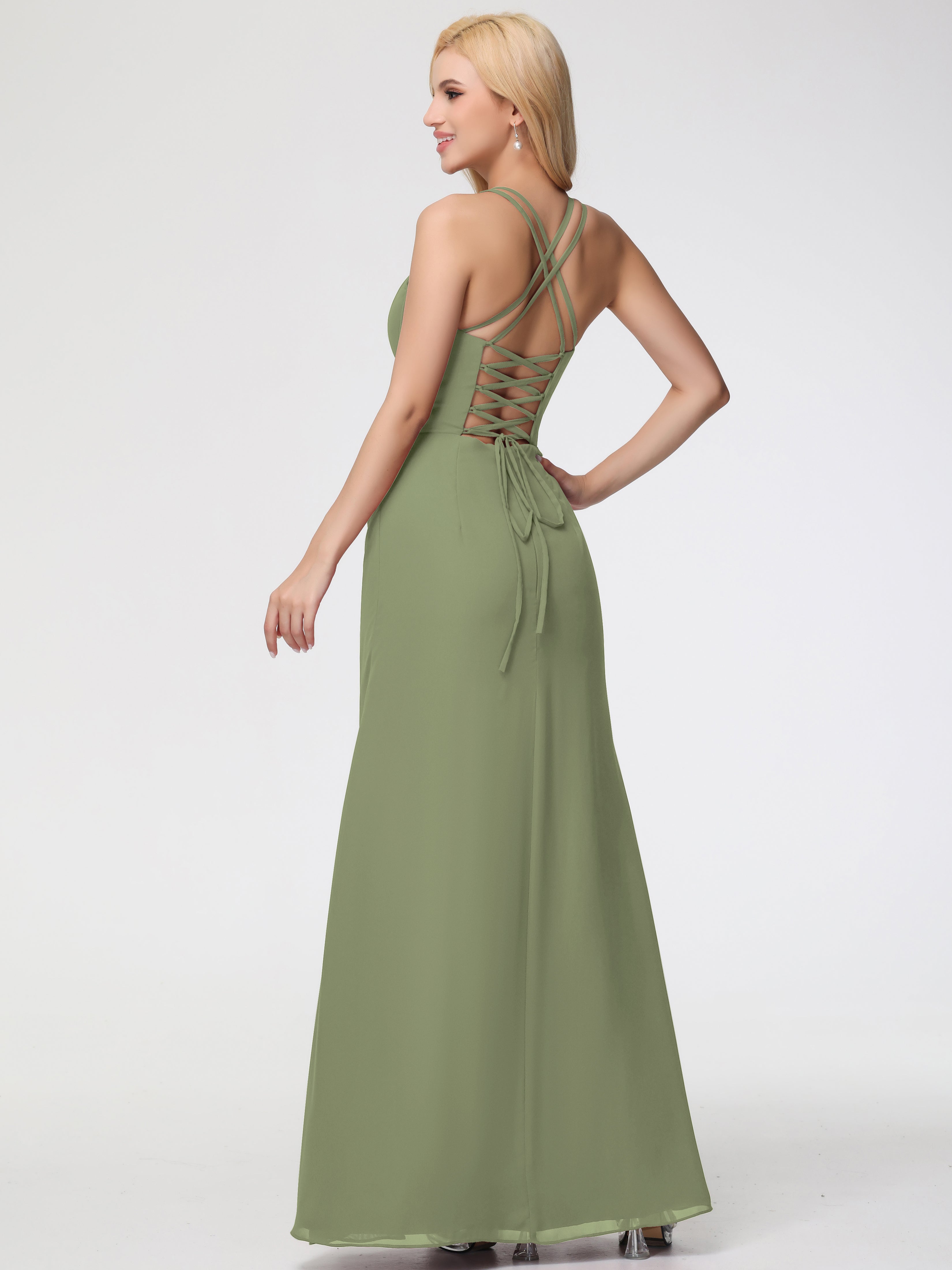 Spaghetti Straps Sheath/Column Long Chiffon Bridesmaid Dresses With Split (Copy)