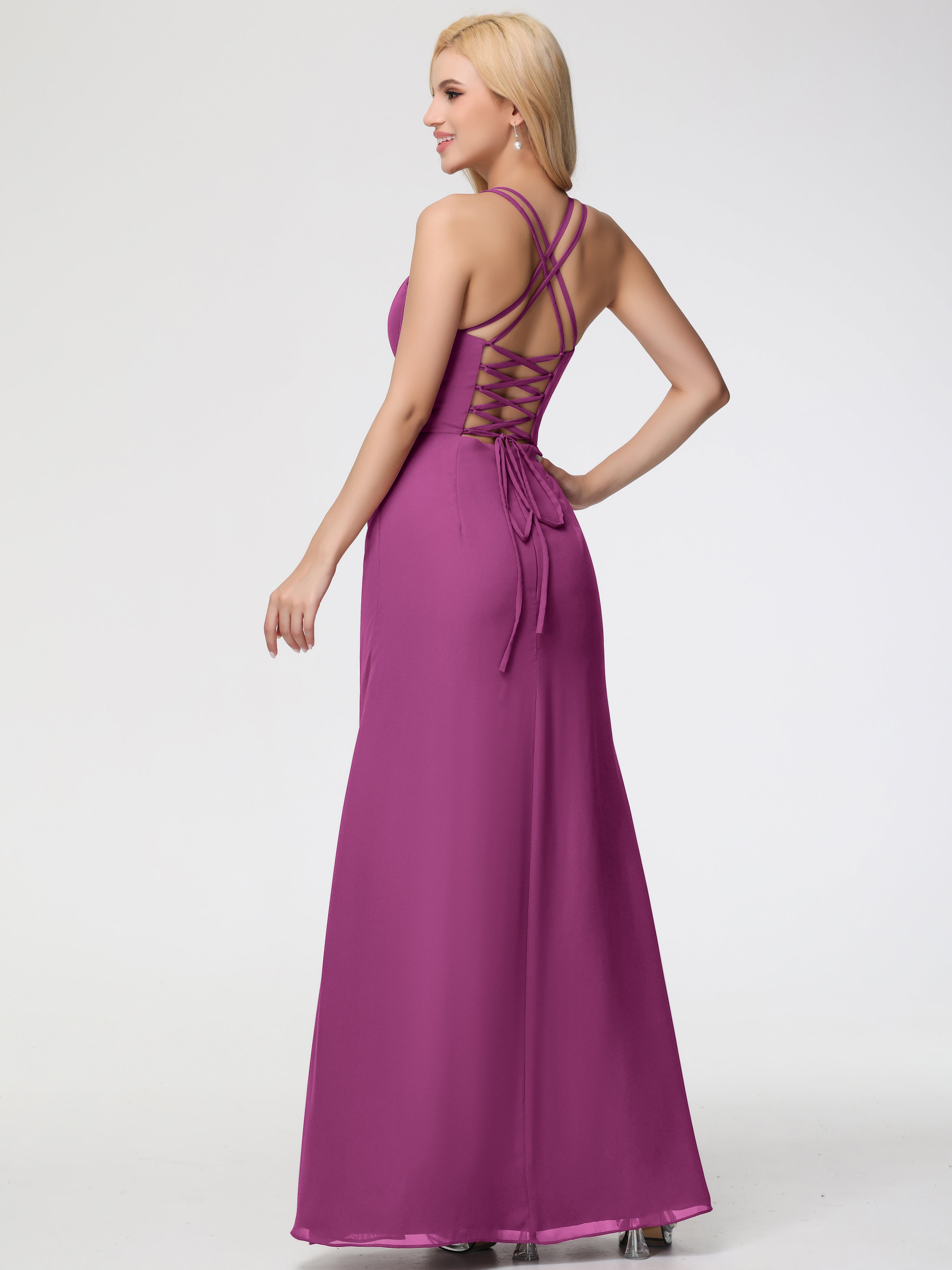 Spaghetti Straps Sheath/Column Long Chiffon Bridesmaid Dresses With Split (Copy)