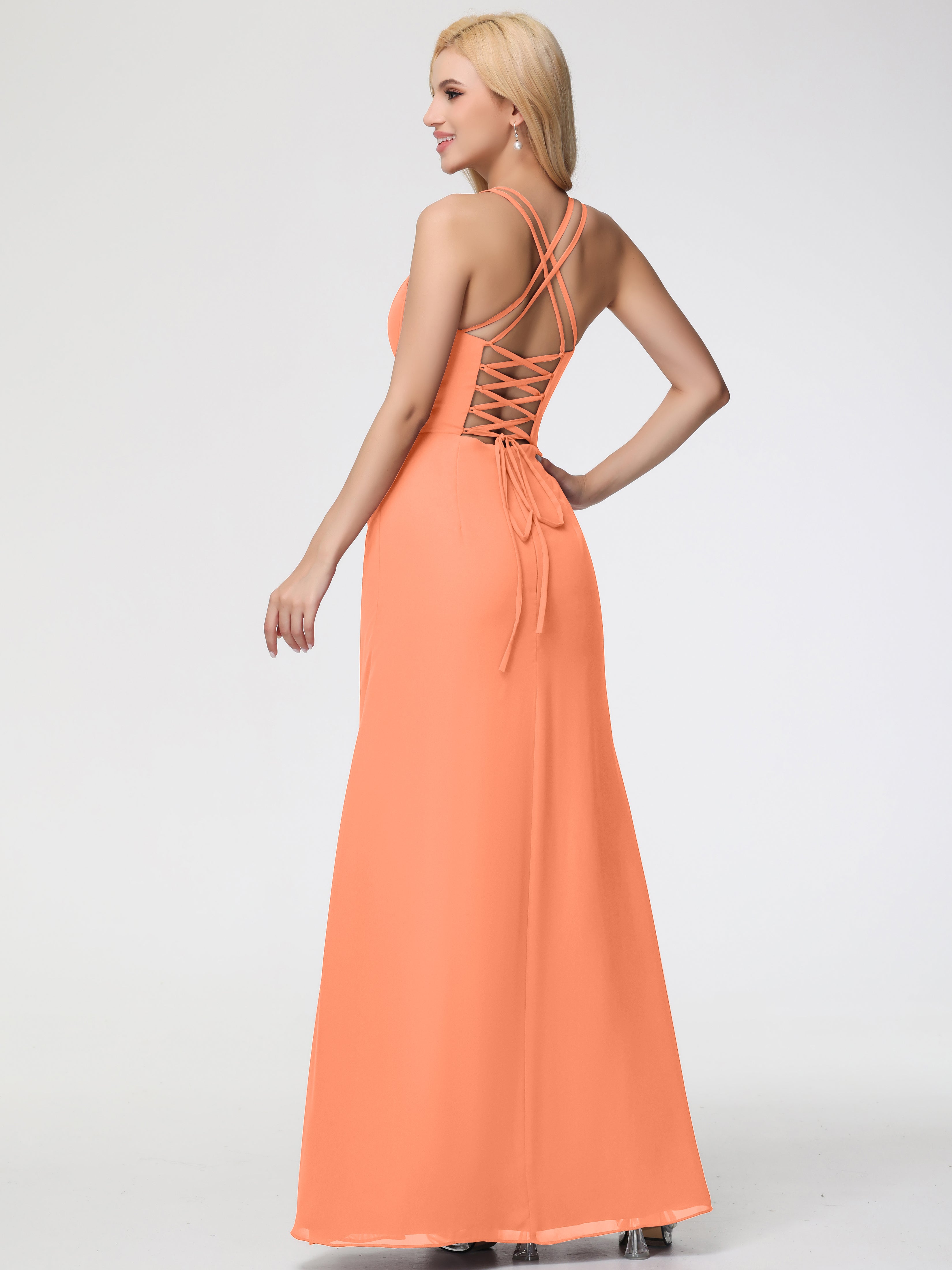 Spaghetti Straps Sheath/Column Long Chiffon Bridesmaid Dresses With Split (Copy)