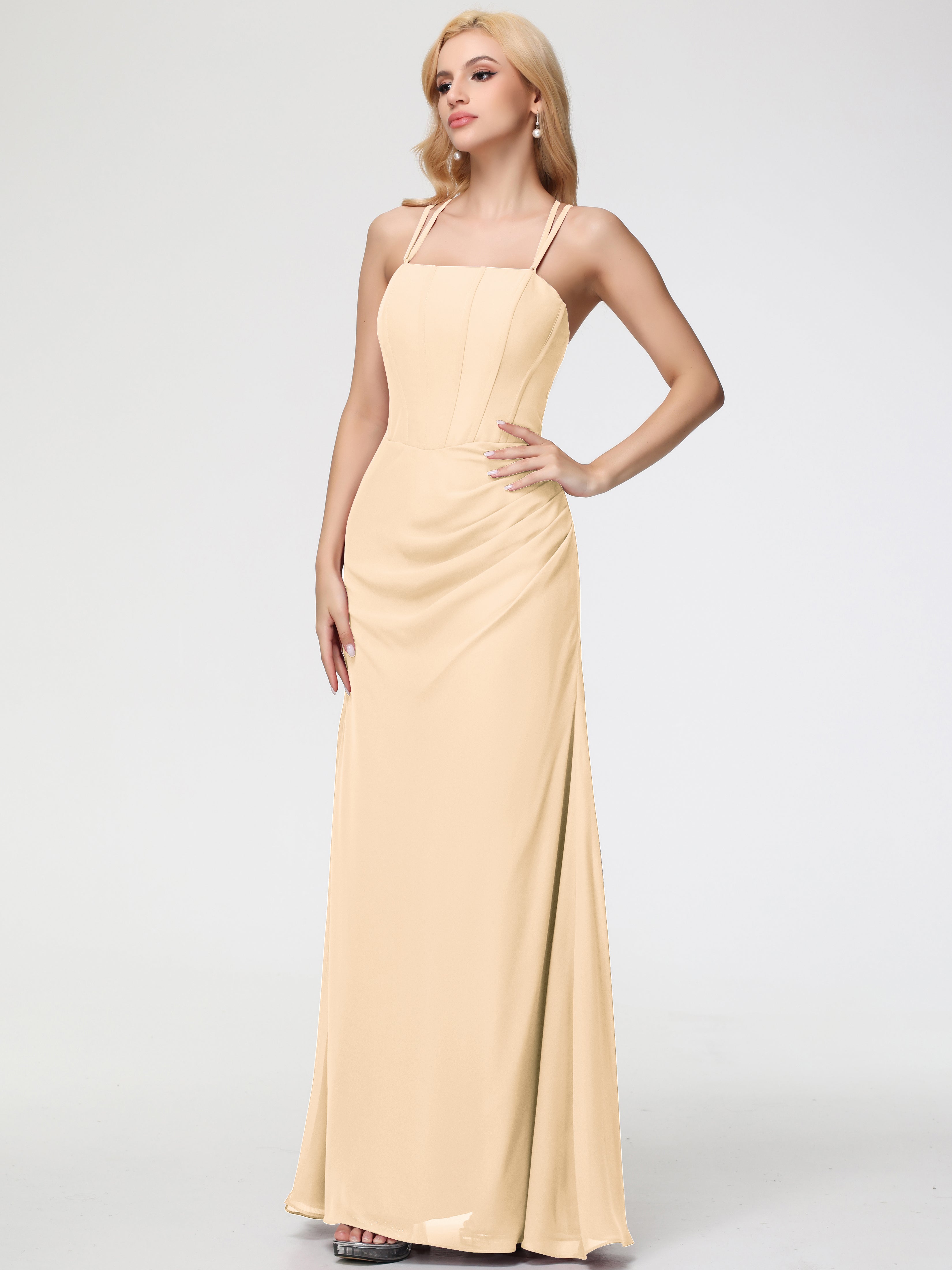 Spaghetti Straps Sheath/Column Long Chiffon Bridesmaid Dresses With Split (Copy)