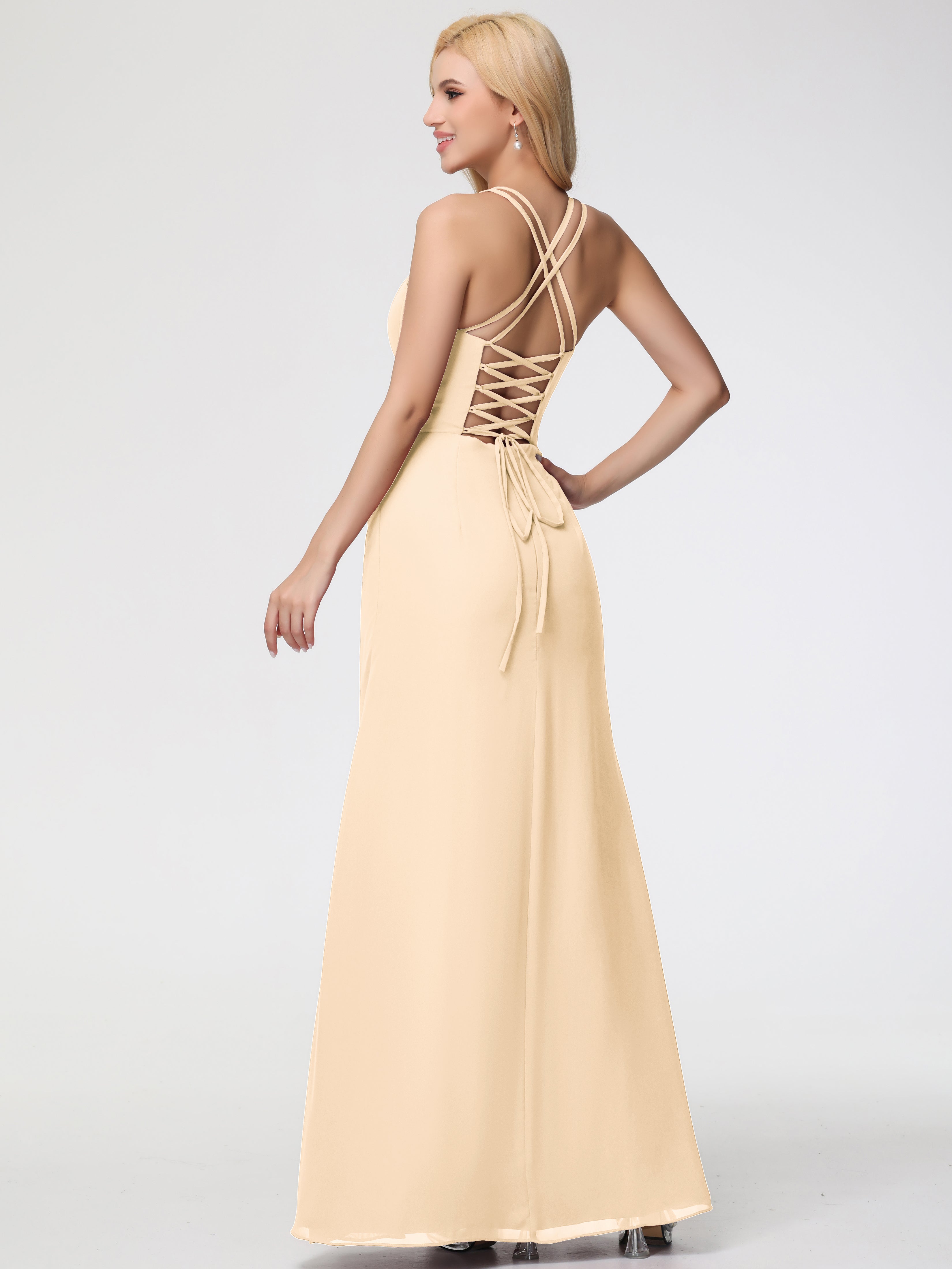 Spaghetti Straps Sheath/Column Long Chiffon Bridesmaid Dresses With Split (Copy)