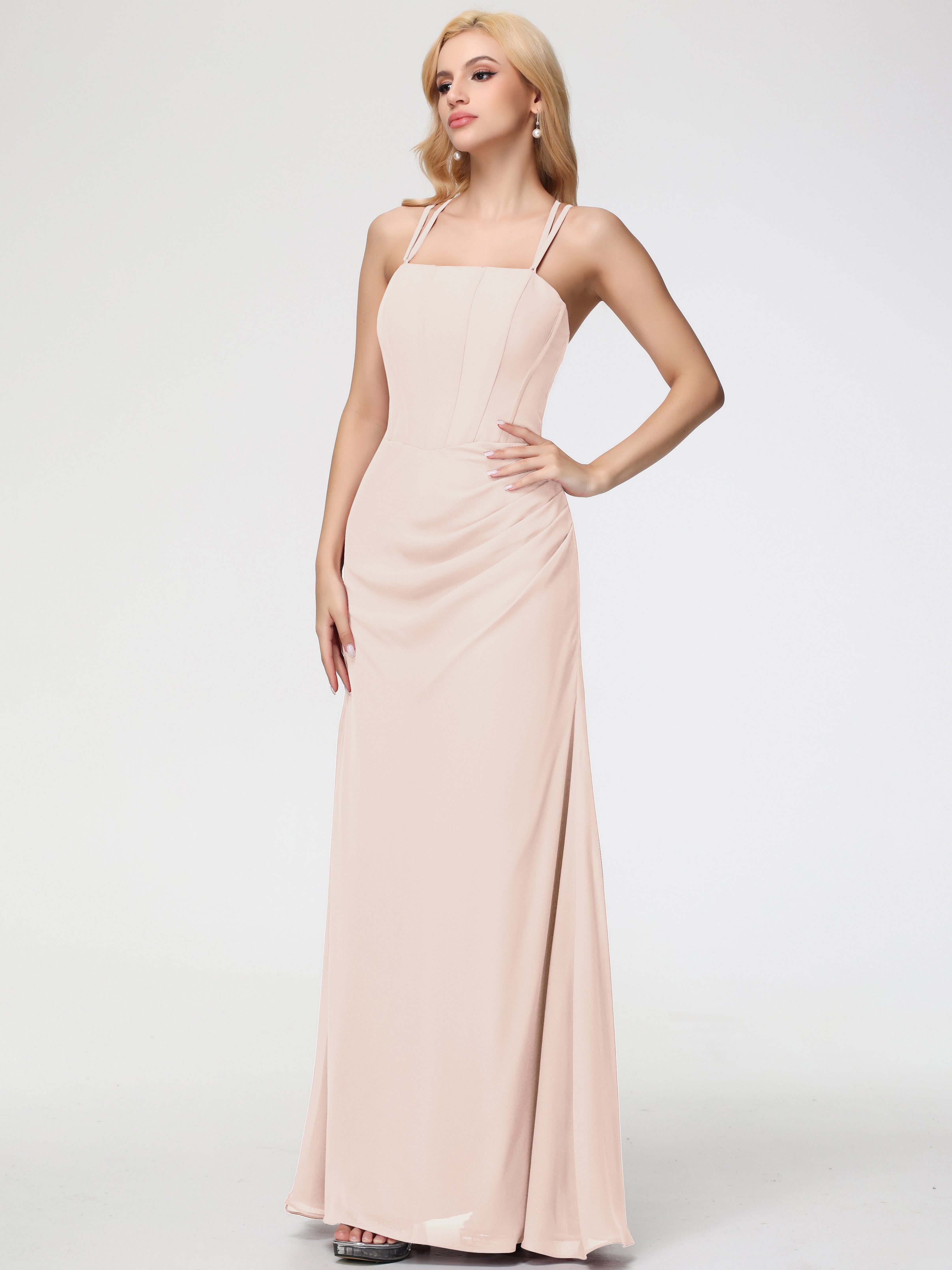 Spaghetti Straps Sheath/Column Long Chiffon Bridesmaid Dresses With Split (Copy)