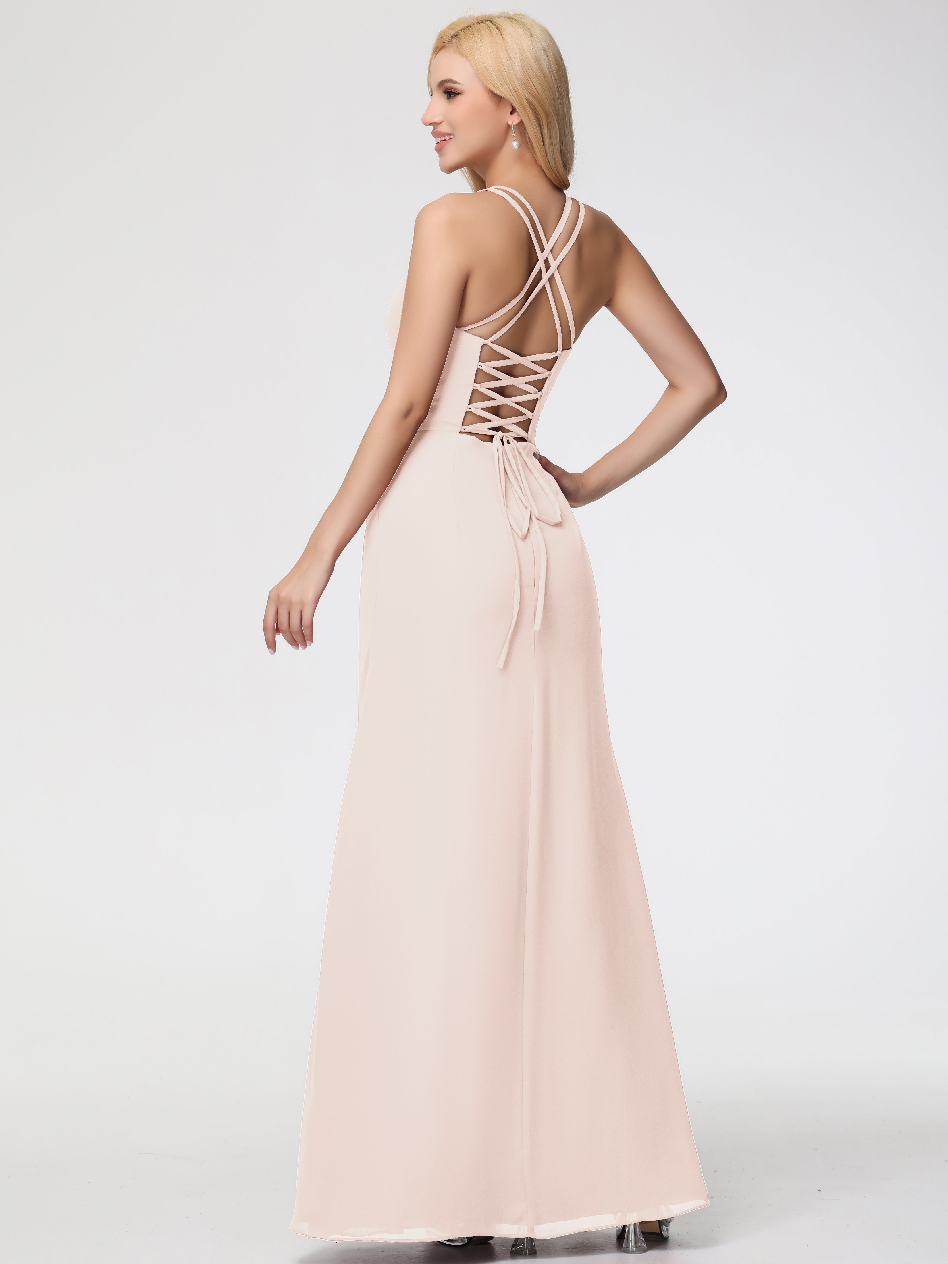 Spaghetti Straps Sheath/Column Long Chiffon Bridesmaid Dresses With Split (Copy)