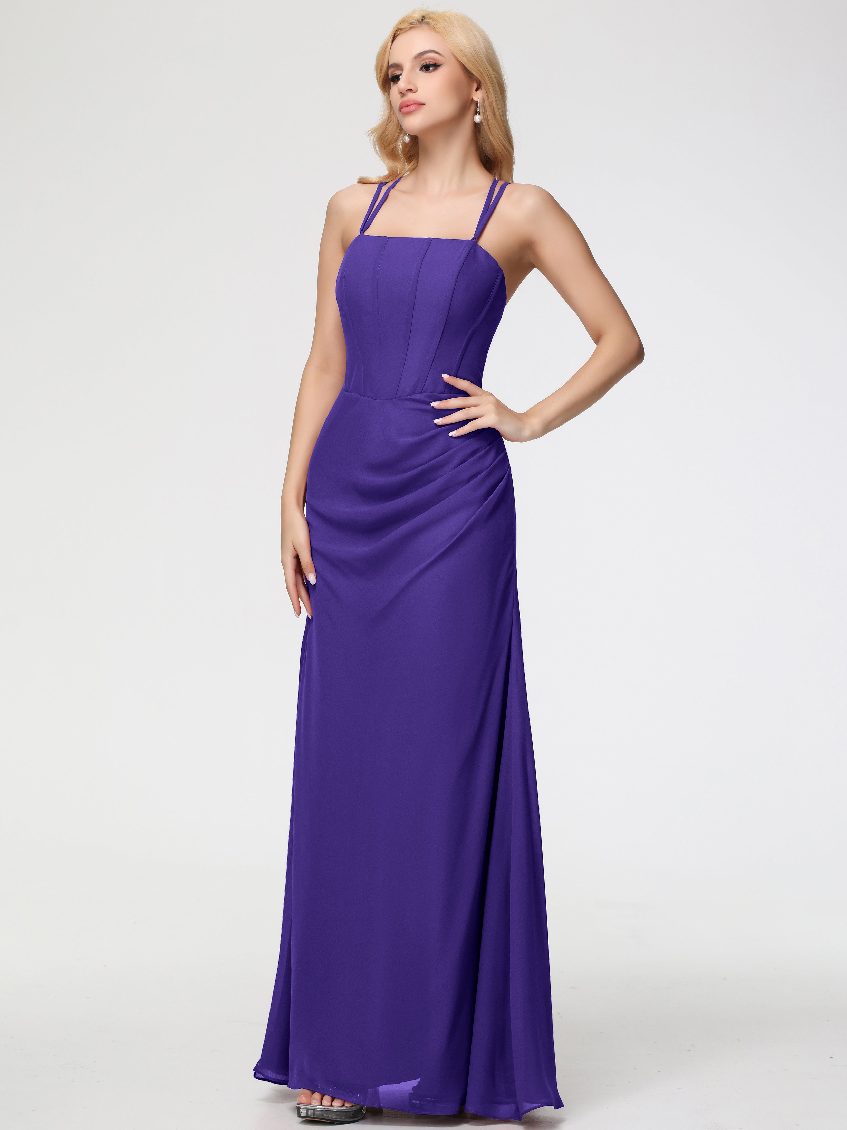Spaghetti Straps Sheath/Column Long Chiffon Bridesmaid Dresses With Split (Copy)