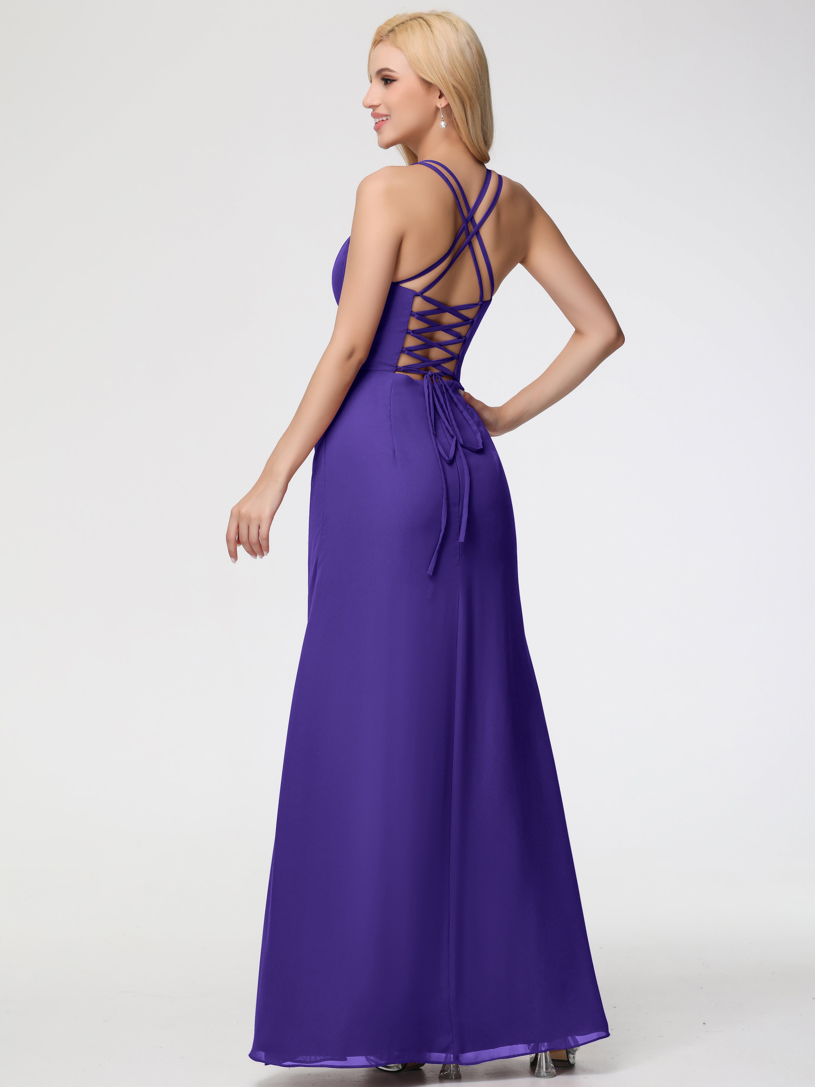 Spaghetti Straps Sheath/Column Long Chiffon Bridesmaid Dresses With Split (Copy)