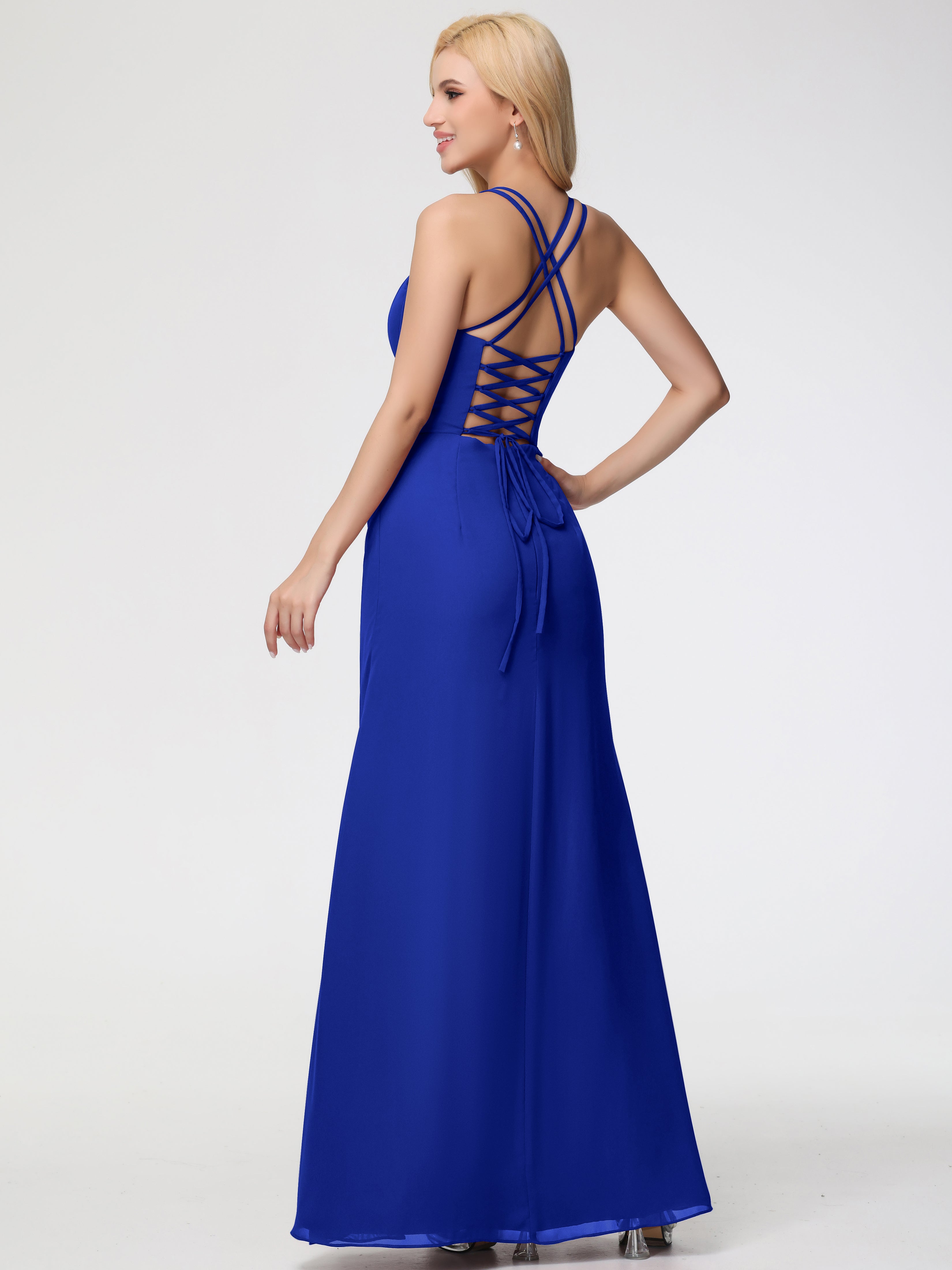 Spaghetti Straps Sheath/Column Long Chiffon Bridesmaid Dresses With Split (Copy)