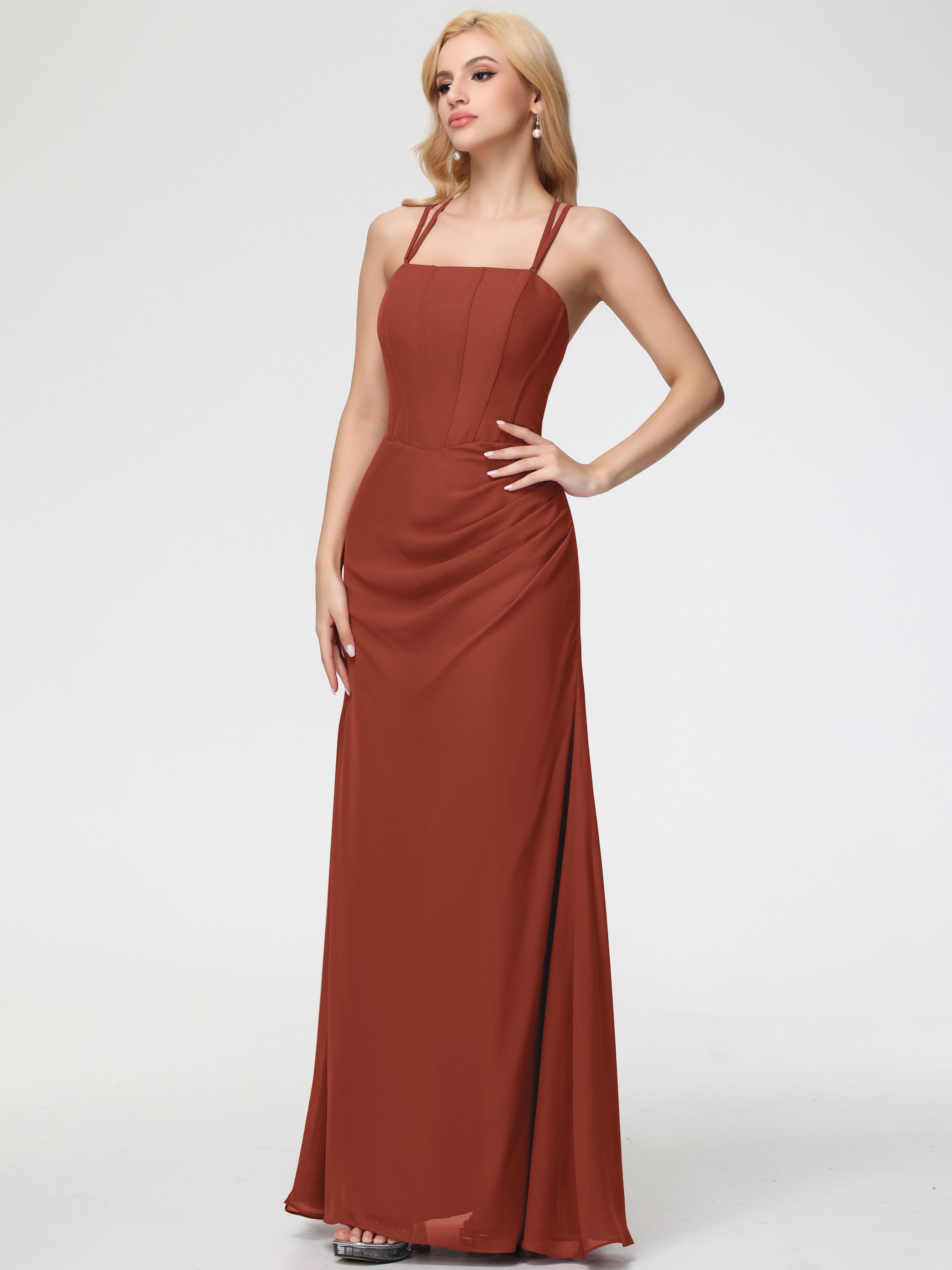 Spaghetti Straps Sheath/Column Long Chiffon Bridesmaid Dresses With Split (Copy)
