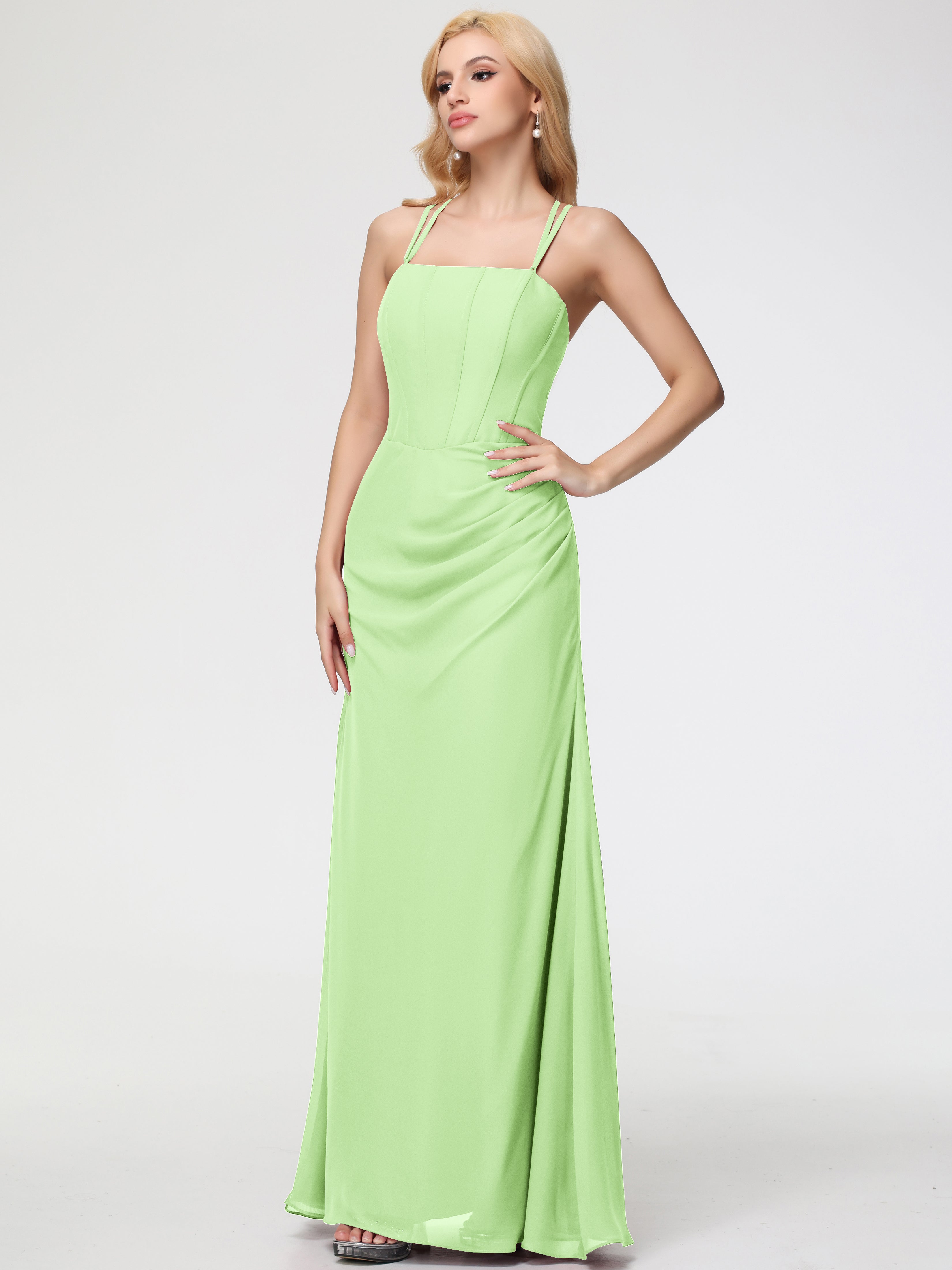 Spaghetti Straps Sheath/Column Long Chiffon Bridesmaid Dresses With Split (Copy)