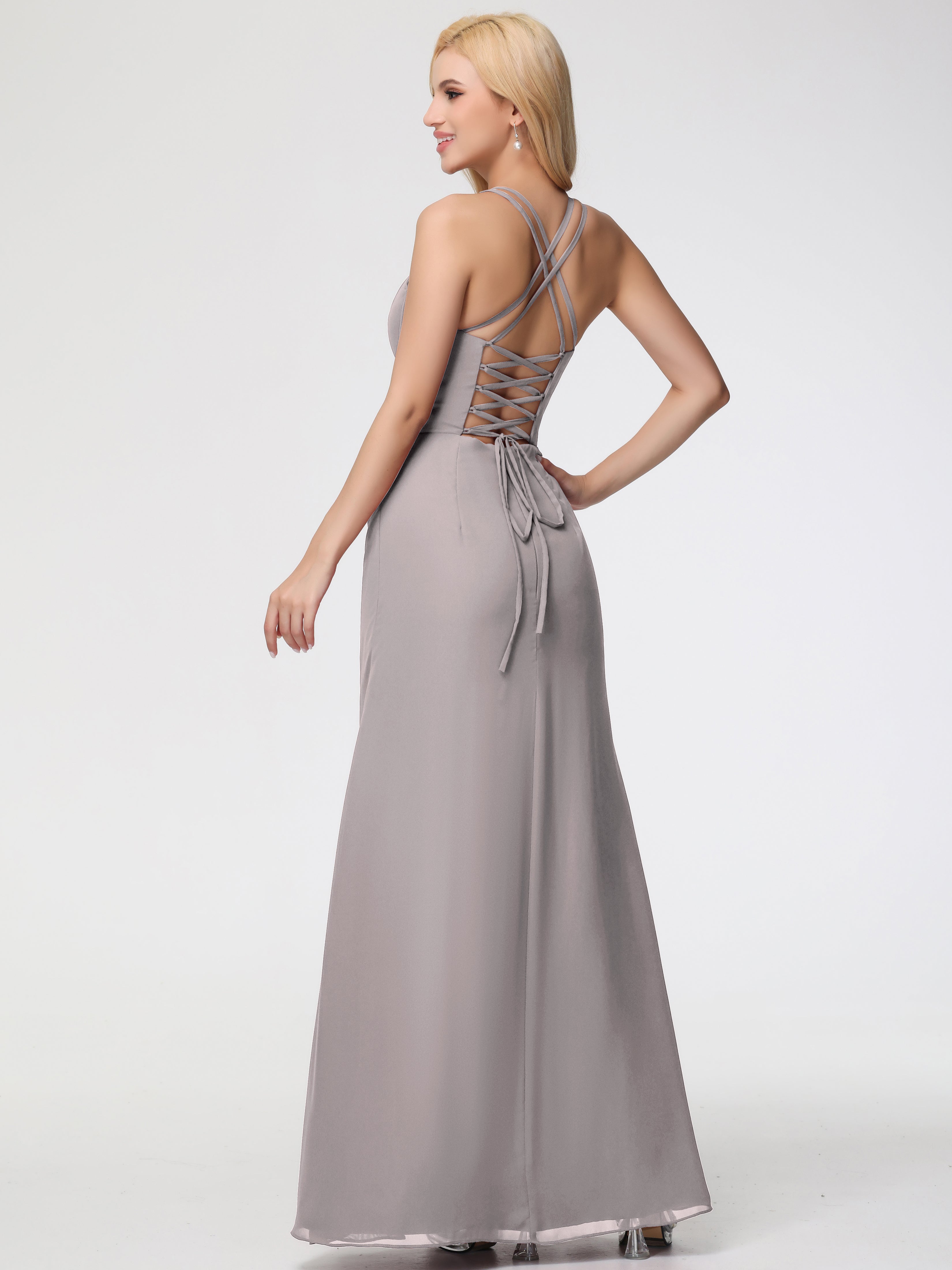 Spaghetti Straps Sheath/Column Long Chiffon Bridesmaid Dresses With Split (Copy)