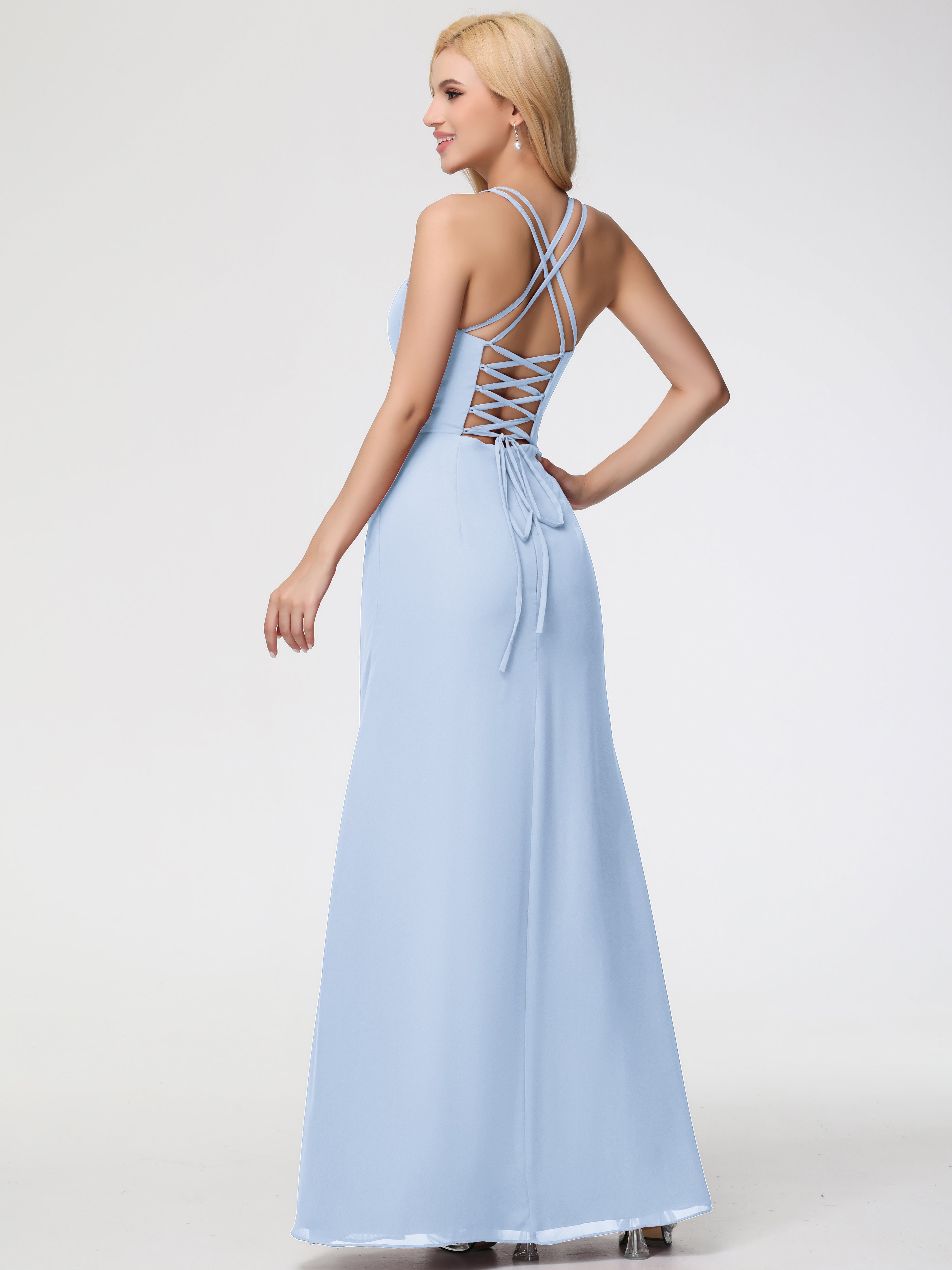 Spaghetti Straps Sheath/Column Long Chiffon Bridesmaid Dresses With Split (Copy)