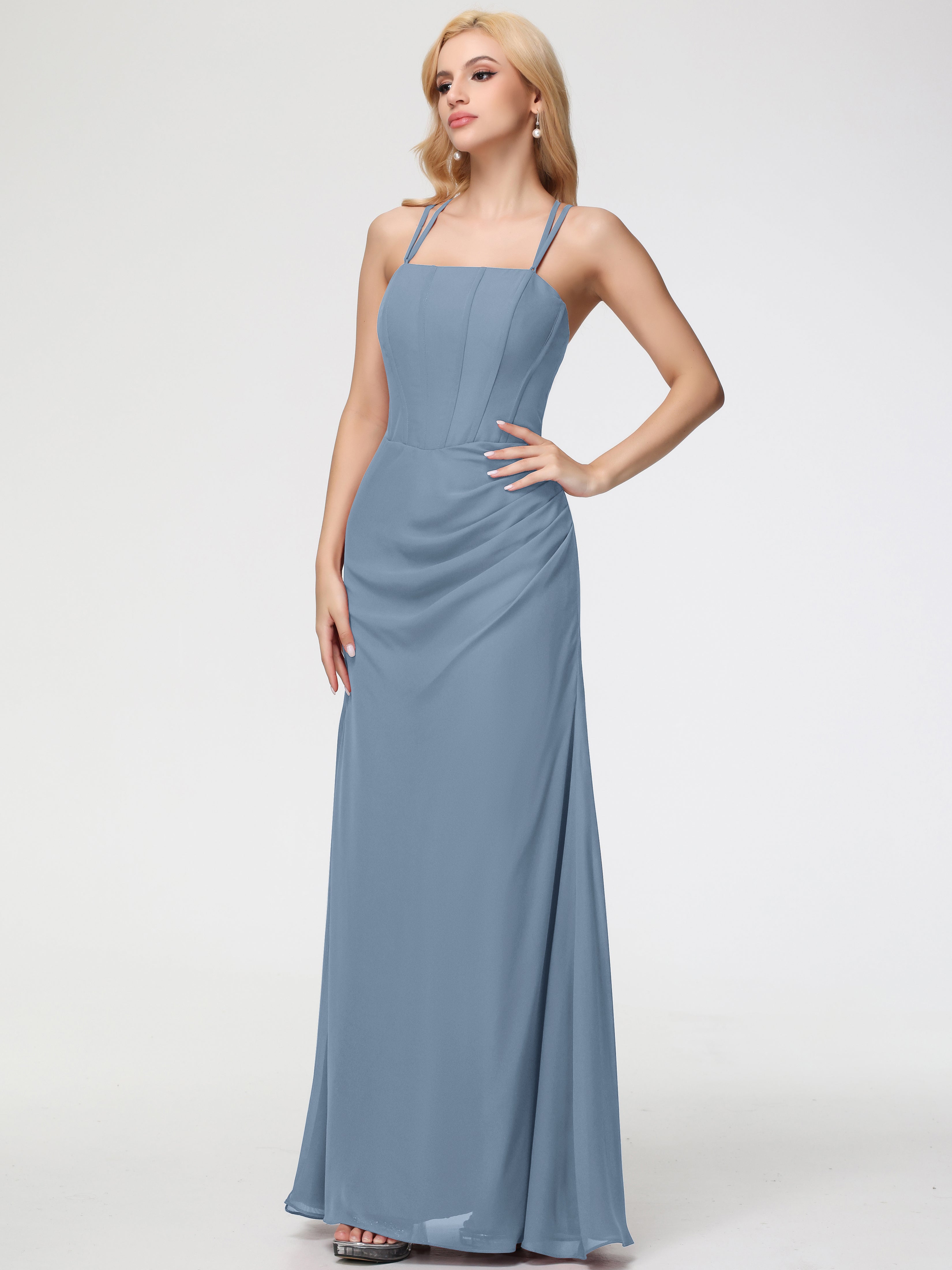Spaghetti Straps Sheath/Column Long Chiffon Bridesmaid Dresses With Split (Copy)