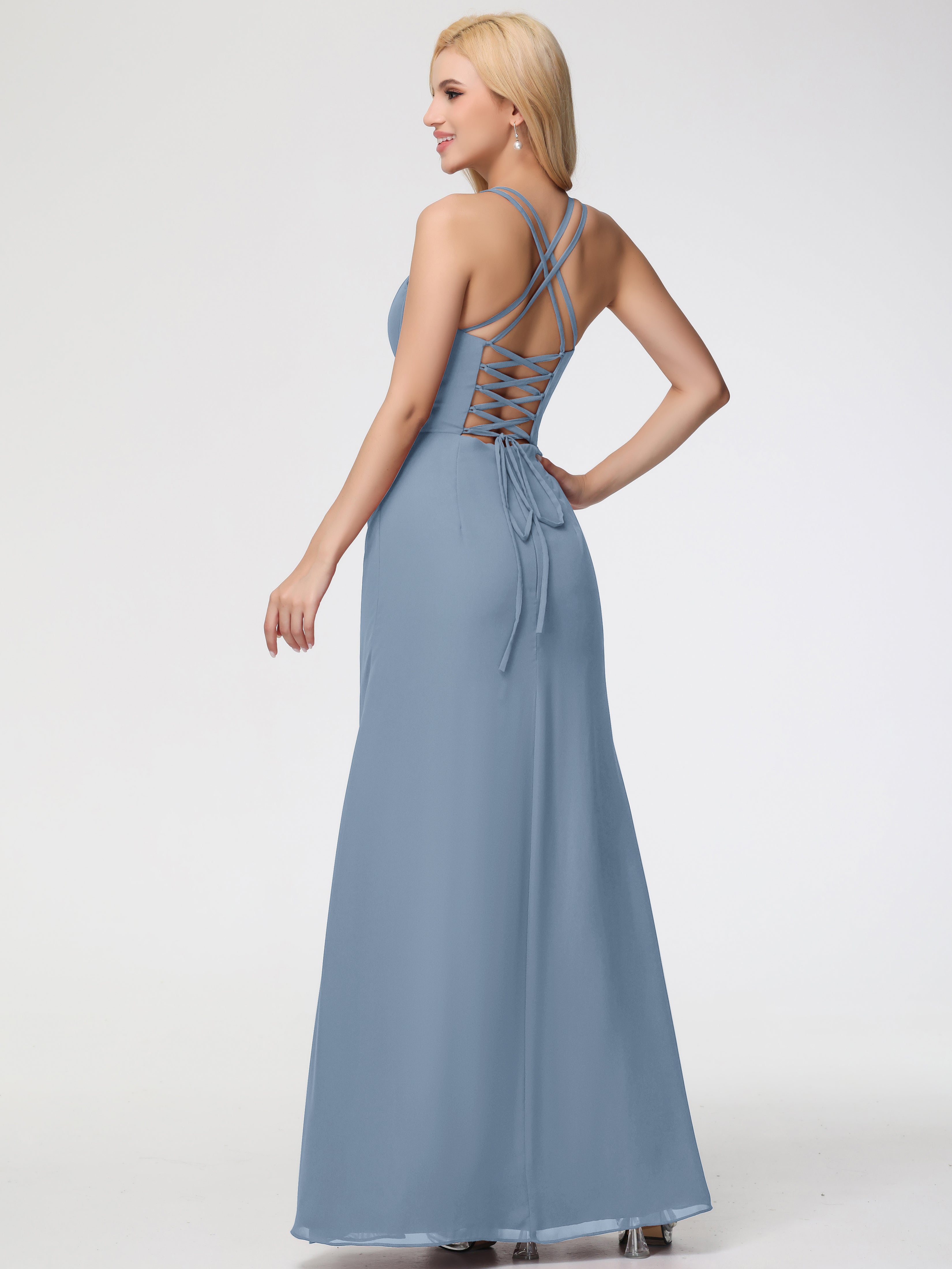 Spaghetti Straps Sheath/Column Long Chiffon Bridesmaid Dresses With Split (Copy)