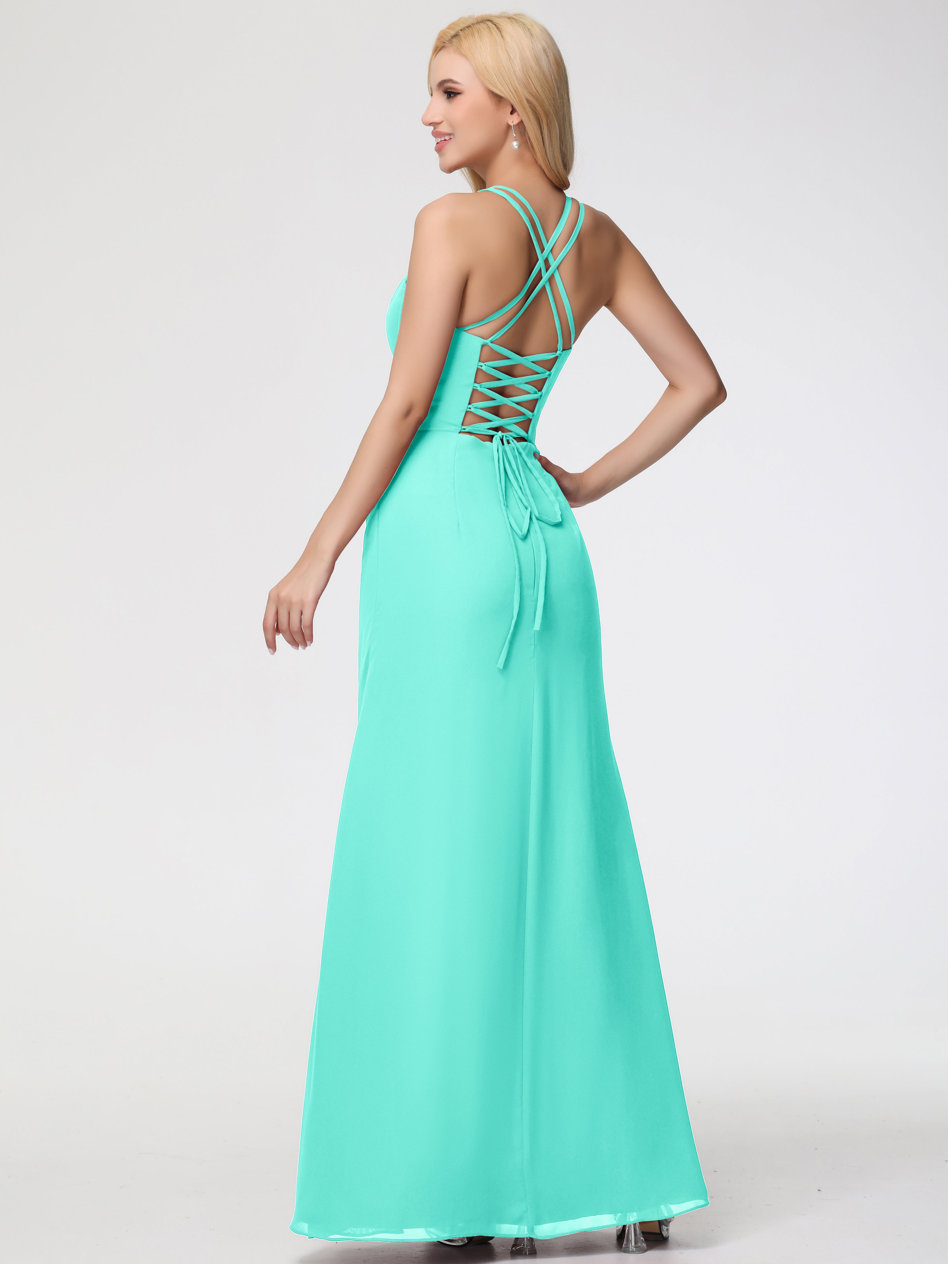 Spaghetti Straps Sheath/Column Long Chiffon Bridesmaid Dresses With Split (Copy)