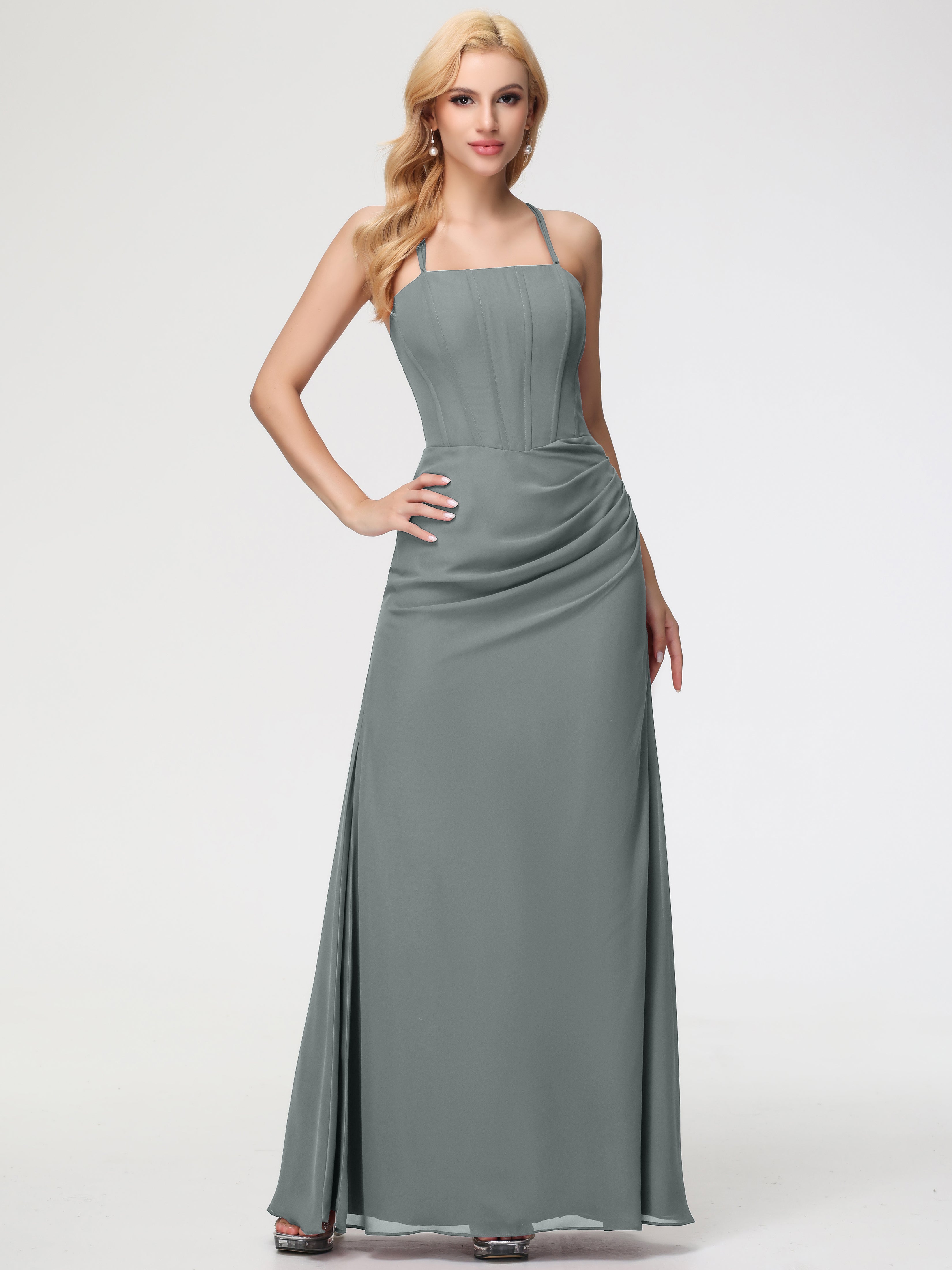 Spaghetti Straps Sheath/Column Long Chiffon Bridesmaid Dresses With Split (Copy)