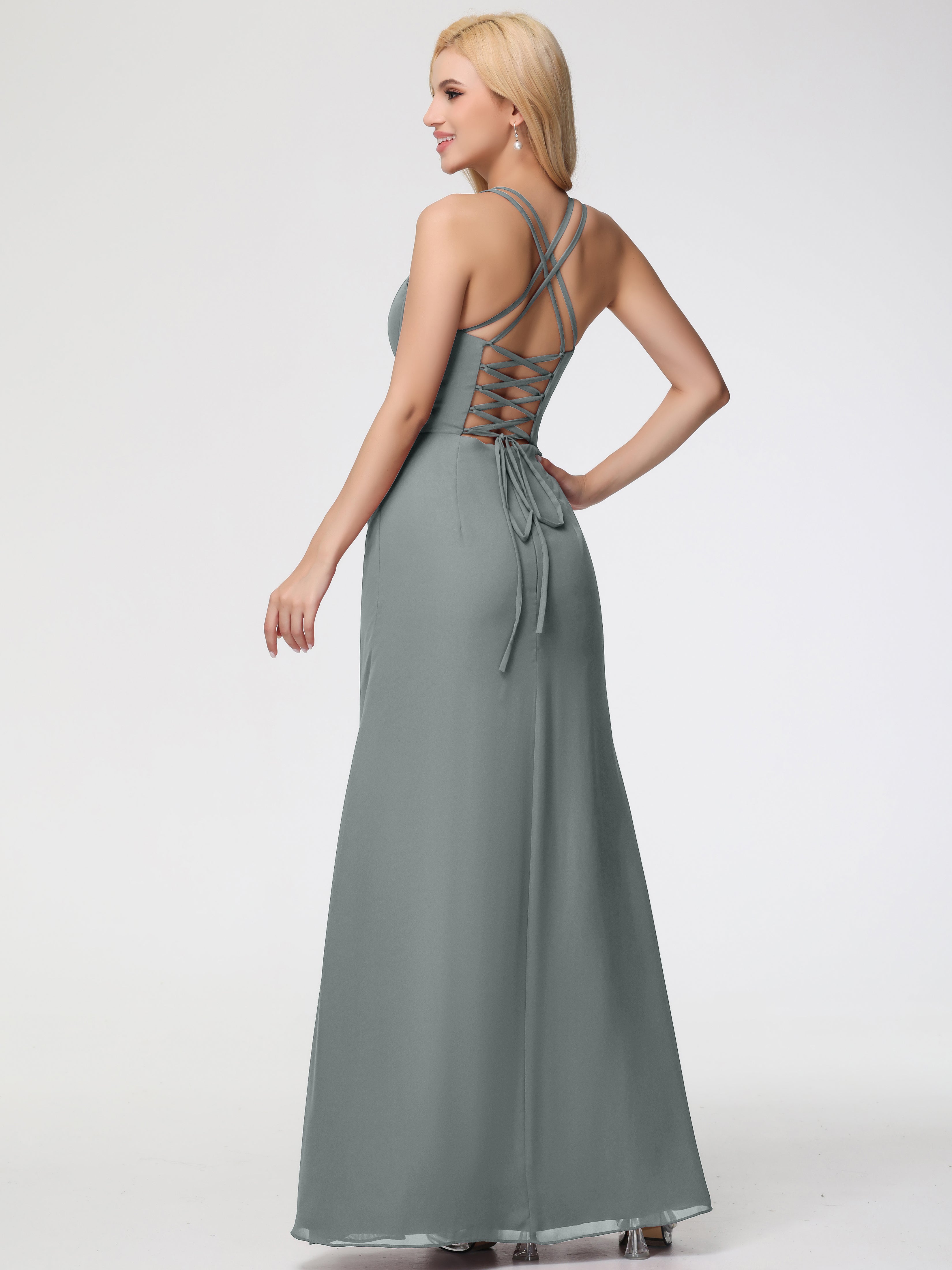 Spaghetti Straps Sheath/Column Long Chiffon Bridesmaid Dresses With Split (Copy)