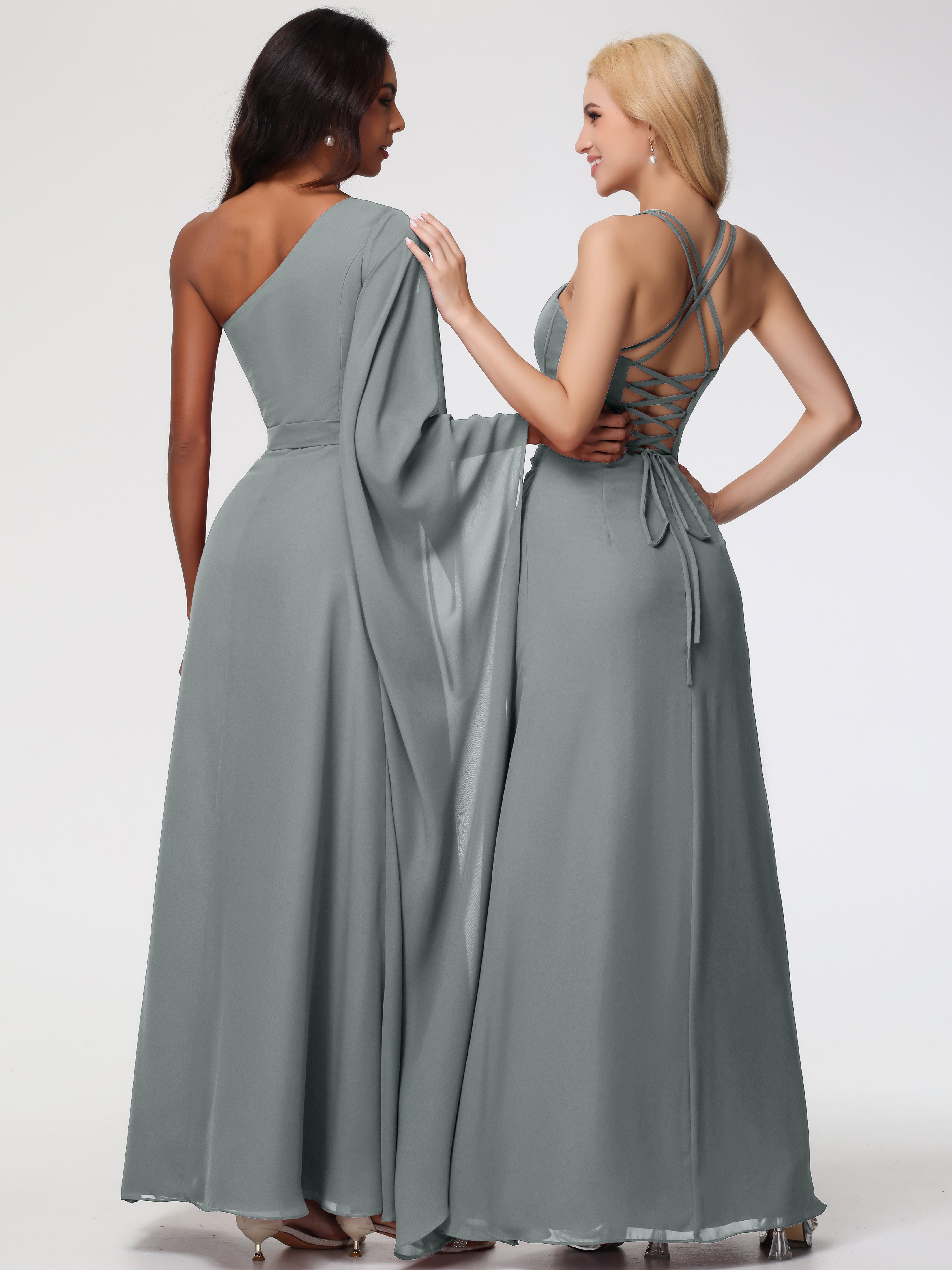 Spaghetti Straps Sheath/Column Long Chiffon Bridesmaid Dresses With Split (Copy)