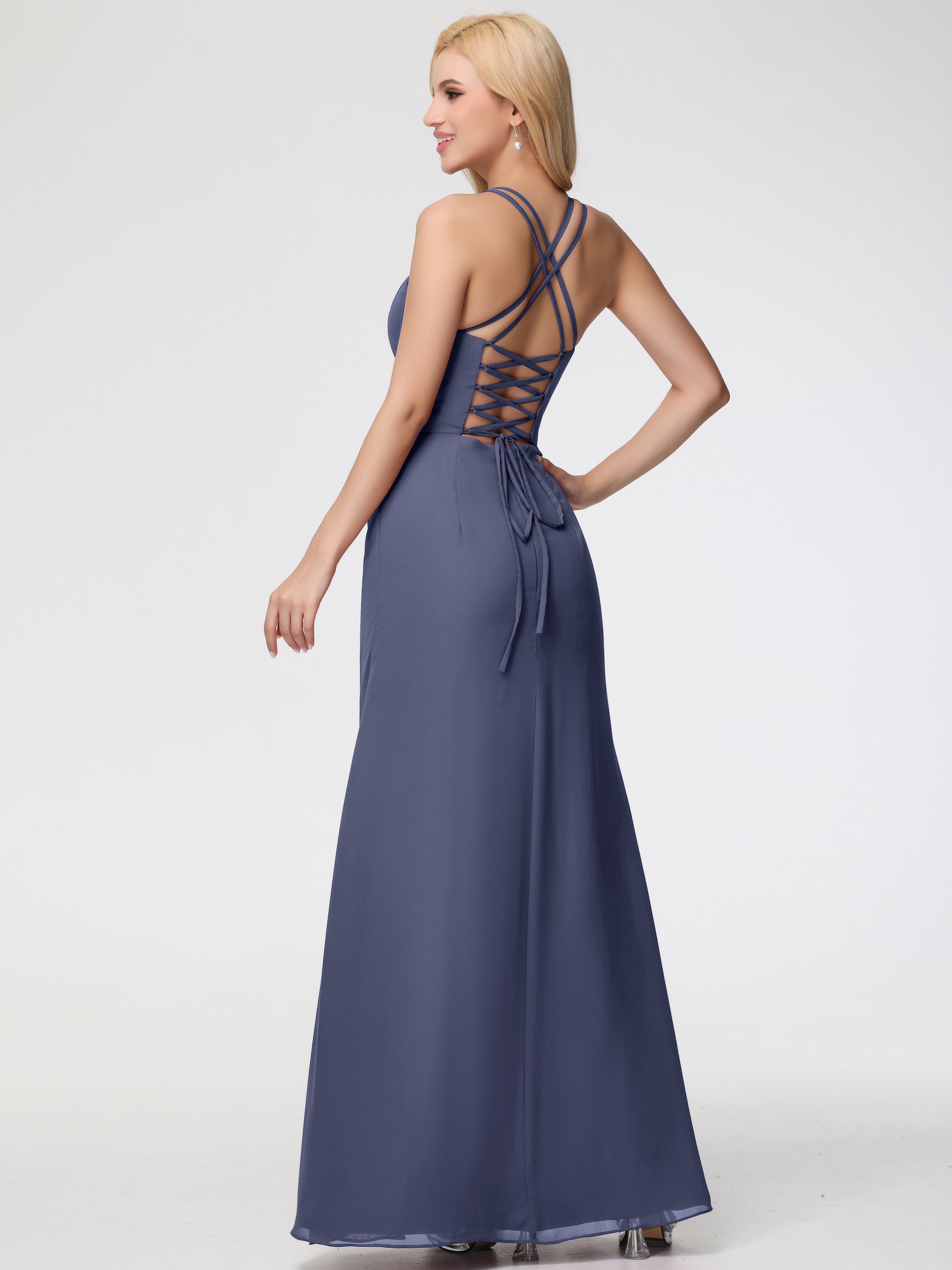 Spaghetti Straps Sheath/Column Long Chiffon Bridesmaid Dresses With Split (Copy)