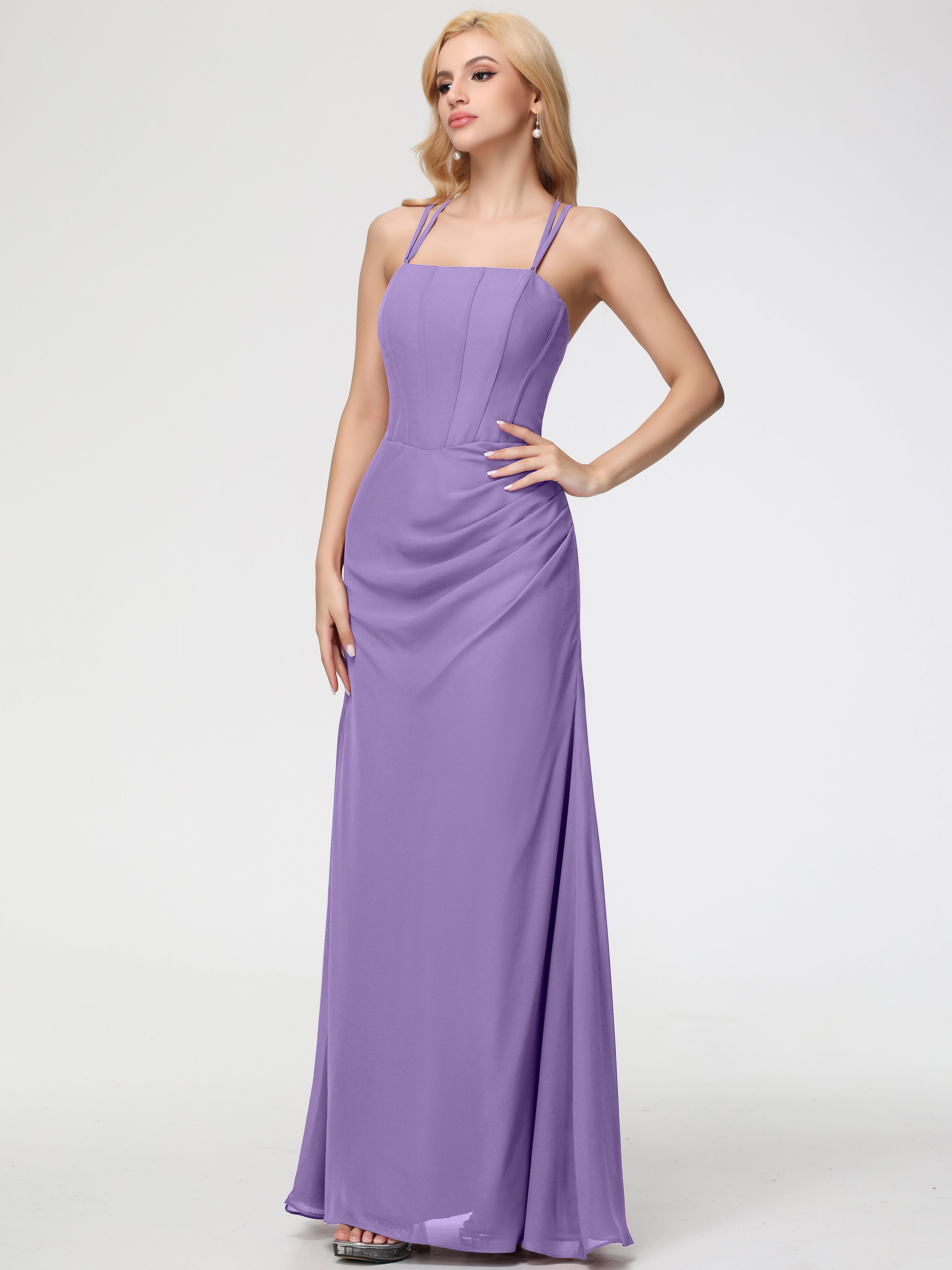 Spaghetti Straps Sheath/Column Long Chiffon Bridesmaid Dresses With Split (Copy)