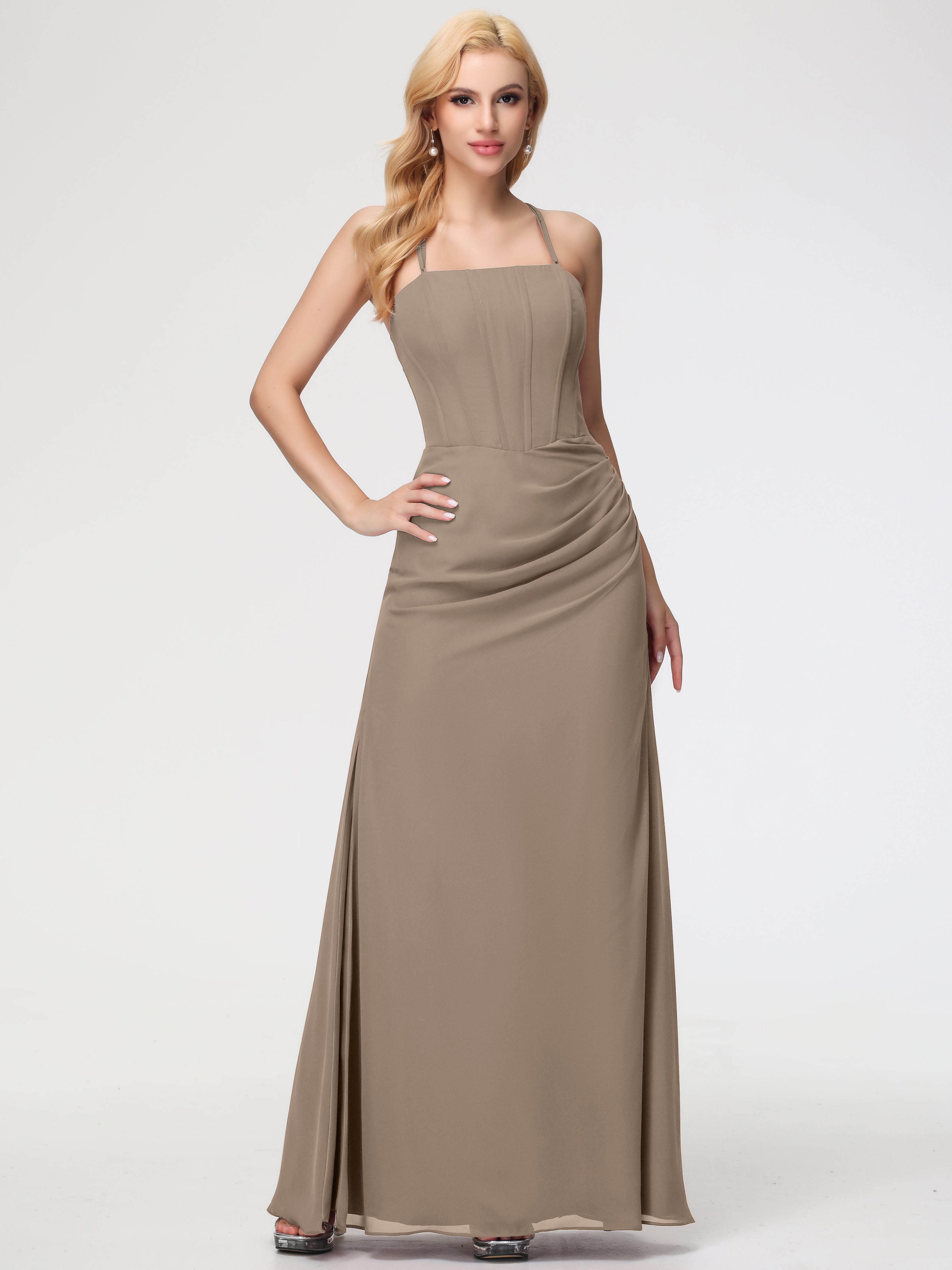 Spaghetti Straps Sheath/Column Long Chiffon Bridesmaid Dresses With Split (Copy)