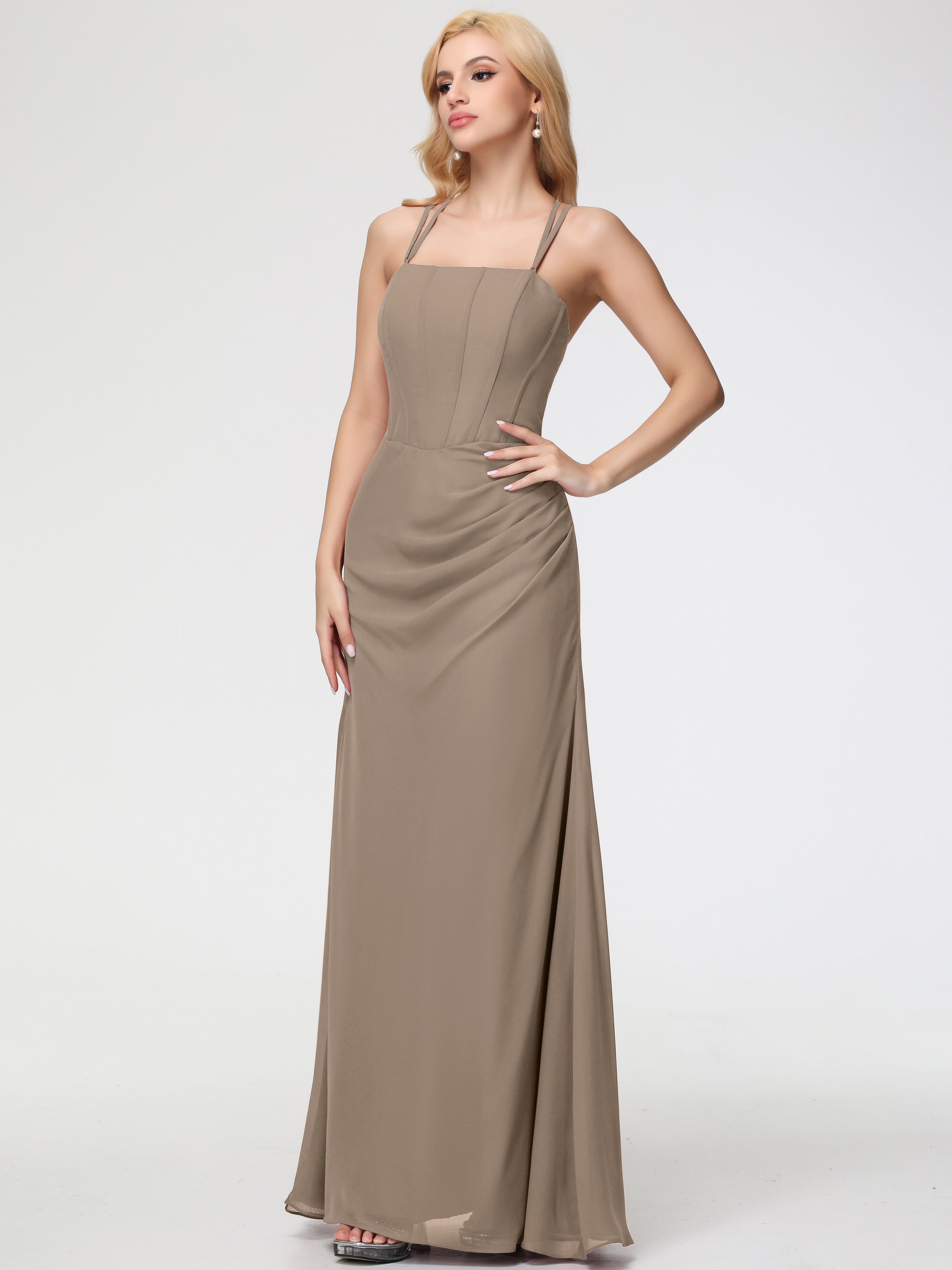 Spaghetti Straps Sheath/Column Long Chiffon Bridesmaid Dresses With Split (Copy)