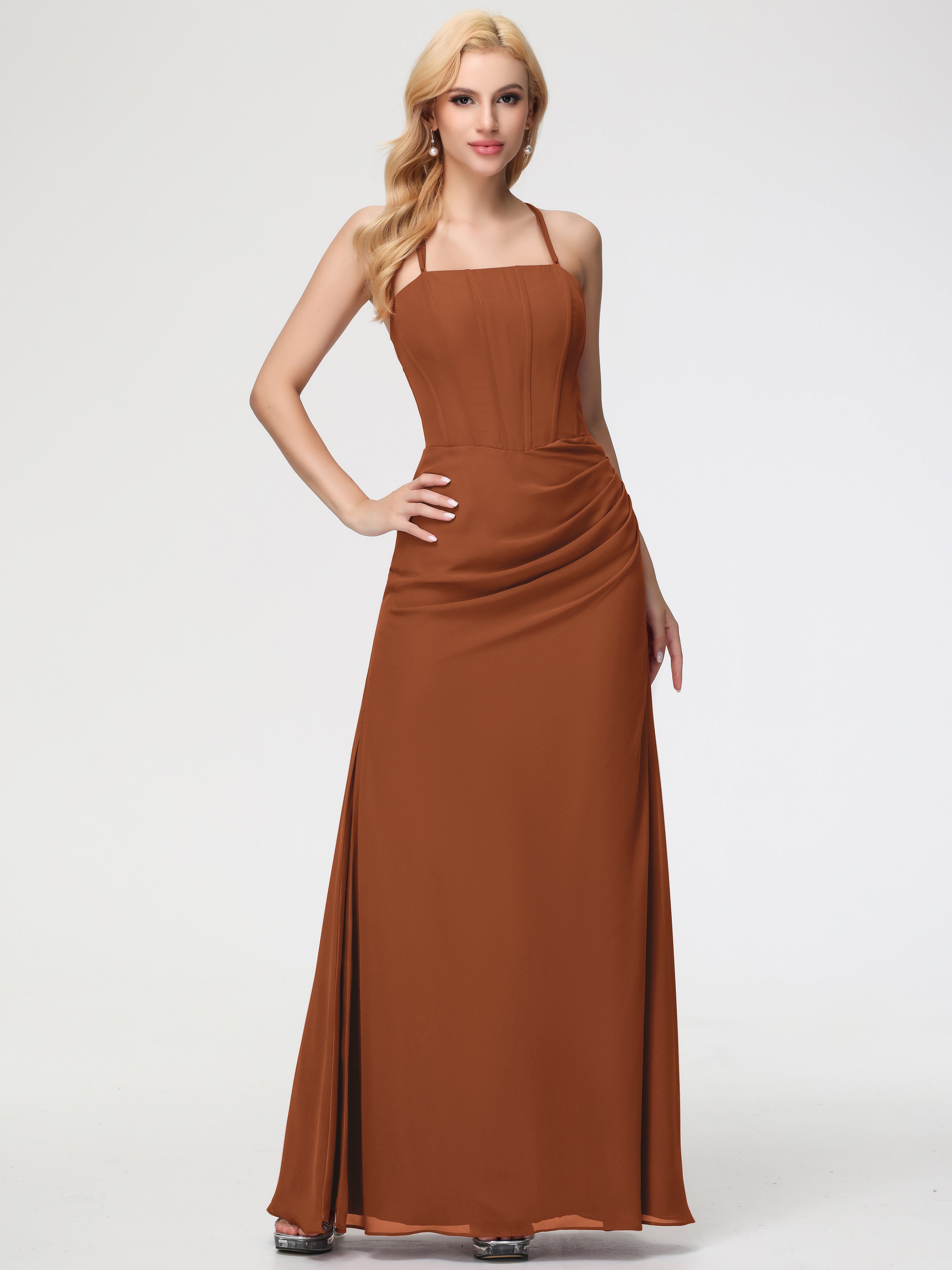Spaghetti Straps Sheath/Column Long Chiffon Bridesmaid Dresses With Split (Copy)