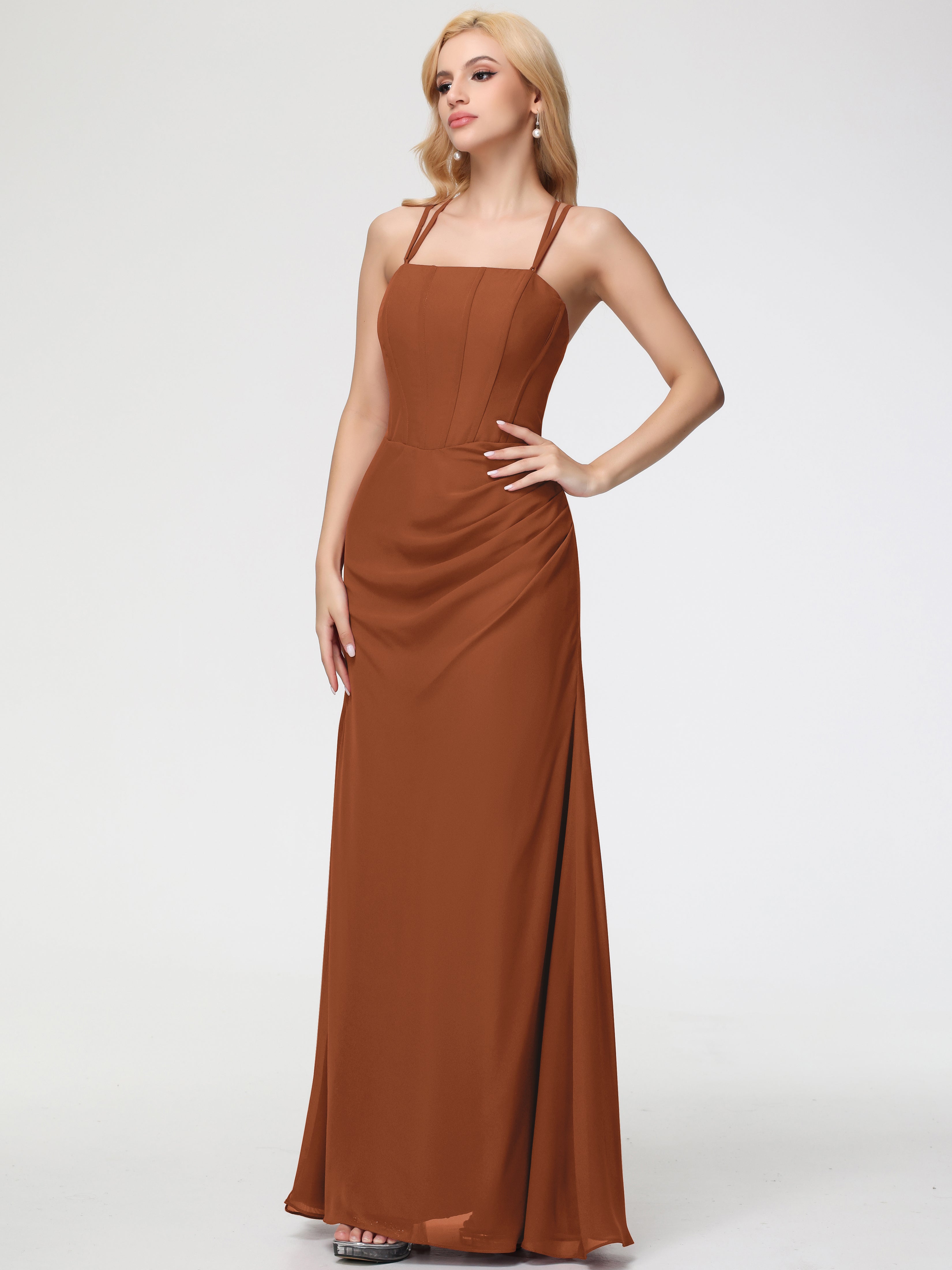 Spaghetti Straps Sheath/Column Long Chiffon Bridesmaid Dresses With Split (Copy)