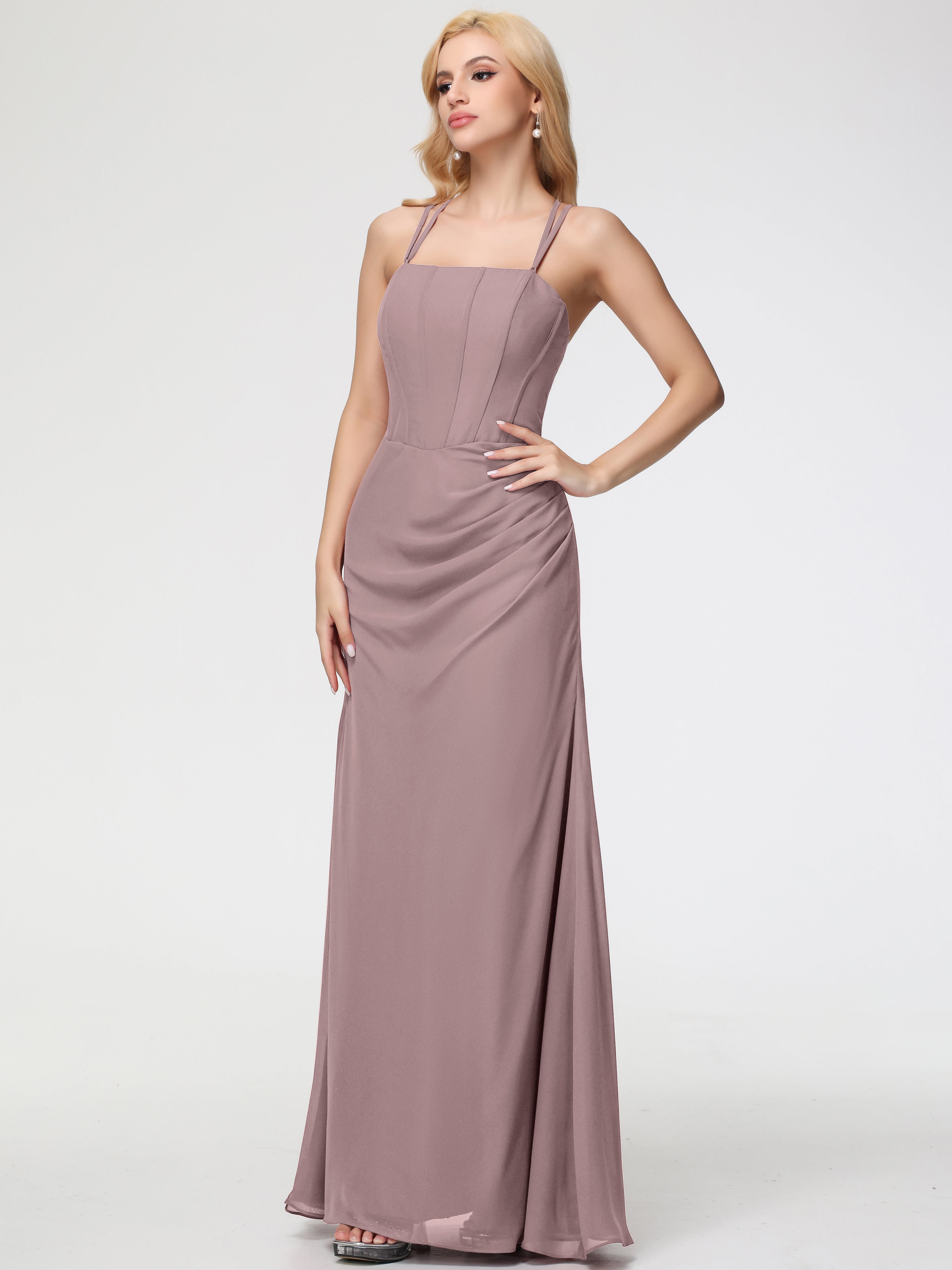 Spaghetti Straps Sheath/Column Long Chiffon Bridesmaid Dresses With Split (Copy)