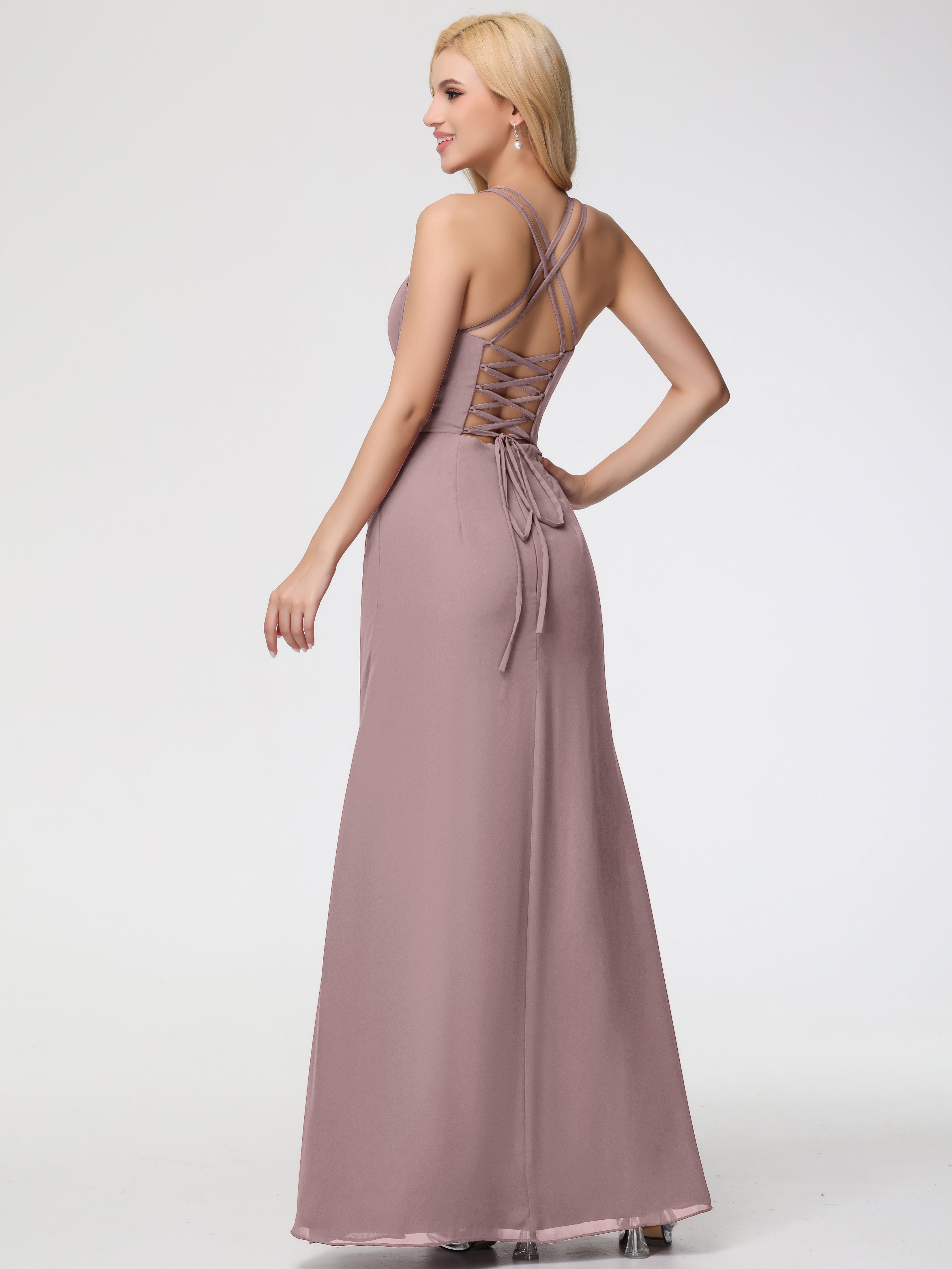Spaghetti Straps Sheath/Column Long Chiffon Bridesmaid Dresses With Split (Copy)