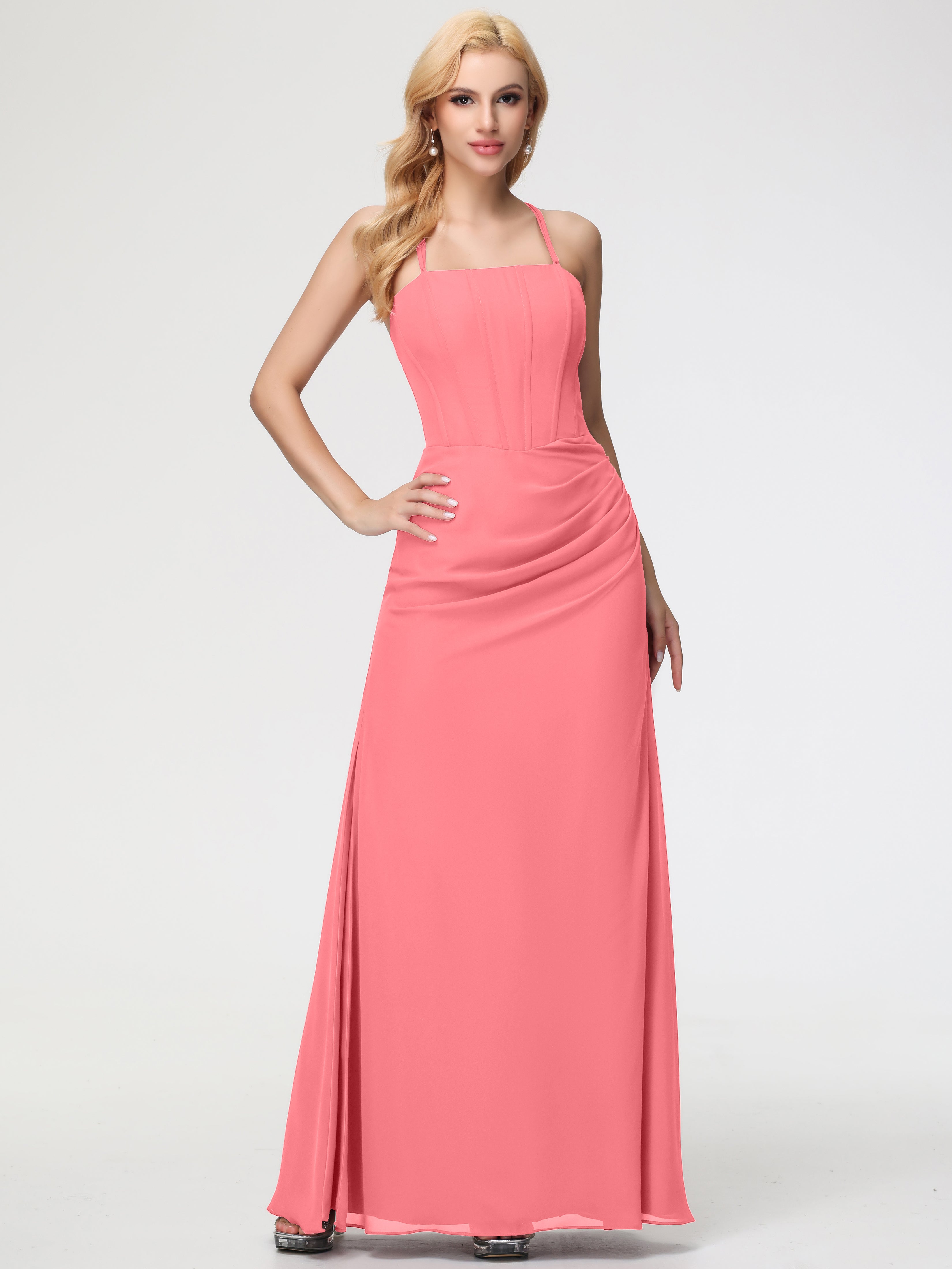 Spaghetti Straps Sheath/Column Long Chiffon Bridesmaid Dresses With Split (Copy)