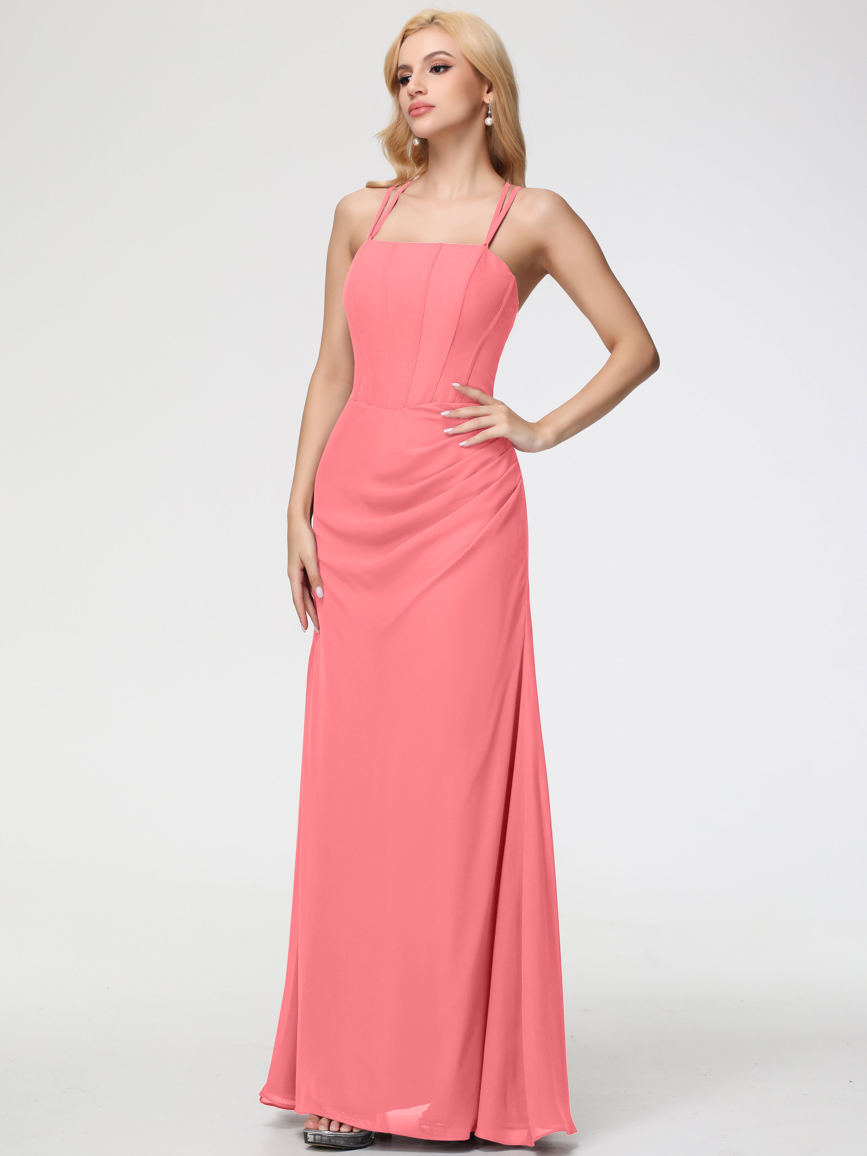 Spaghetti Straps Sheath/Column Long Chiffon Bridesmaid Dresses With Split (Copy)