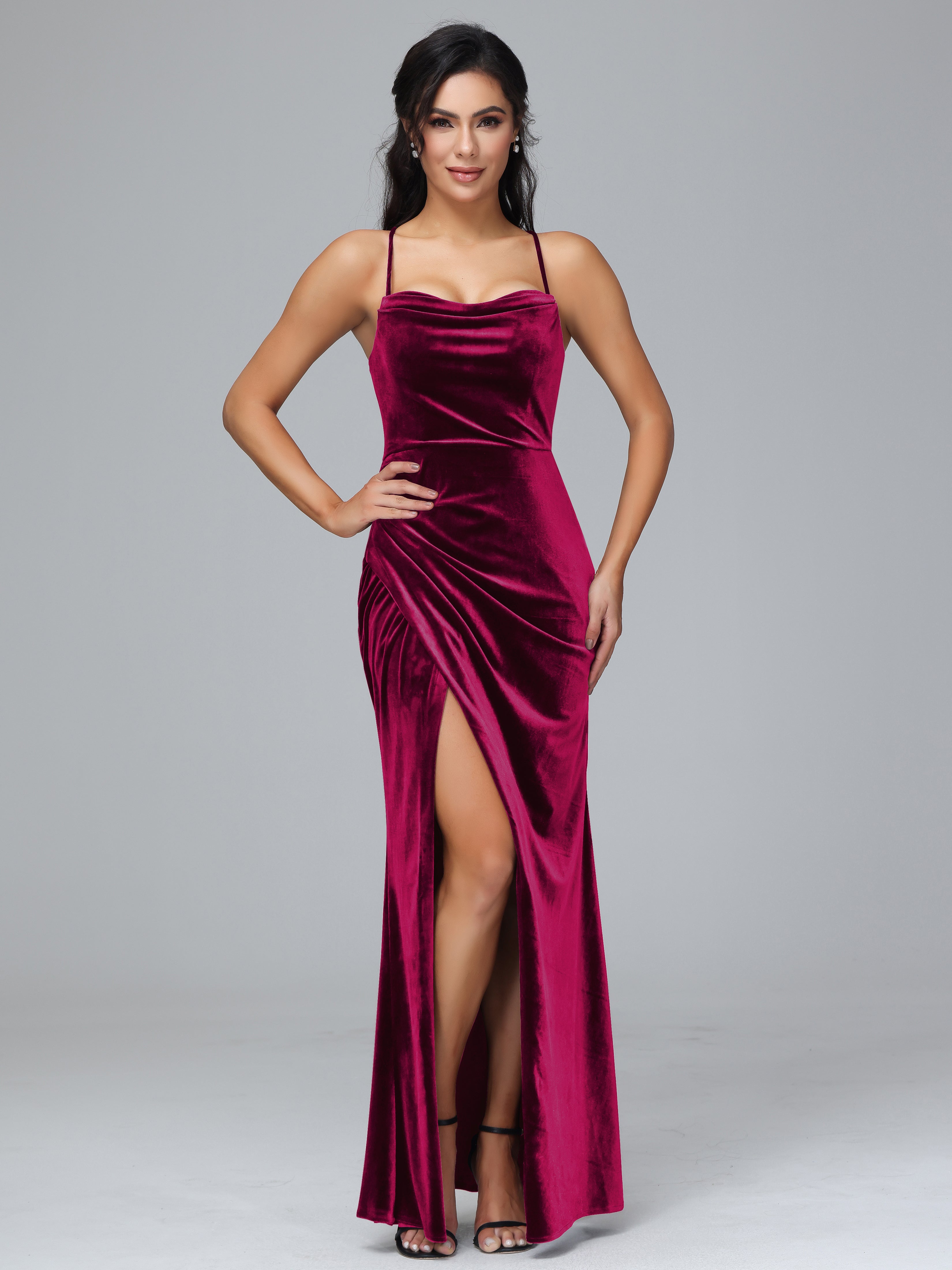 Spaghetti Criss-Cross Straps Velvet Bridesmaid Dresses With Split