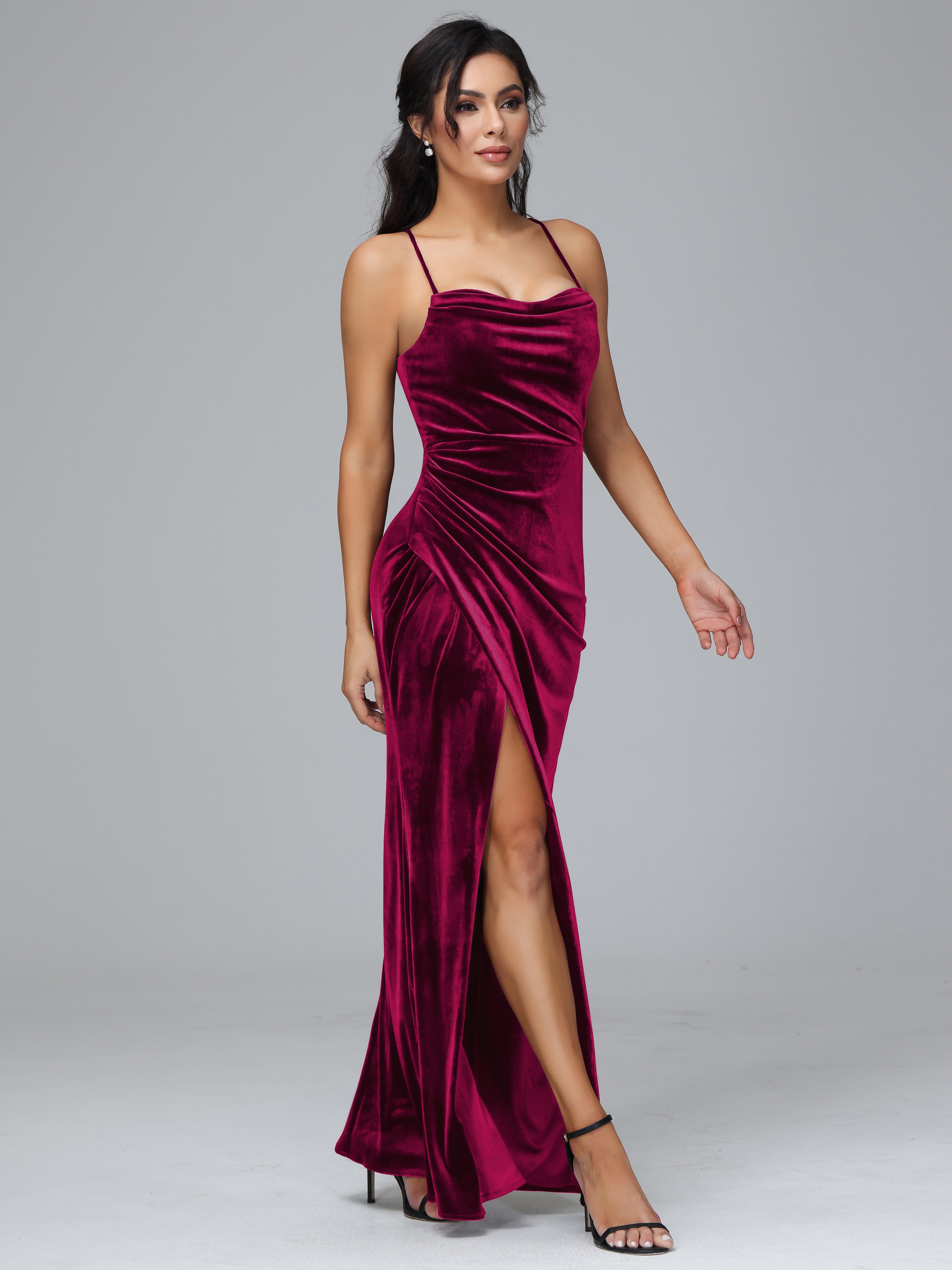 Spaghetti Criss-Cross Straps Velvet Bridesmaid Dresses With Split