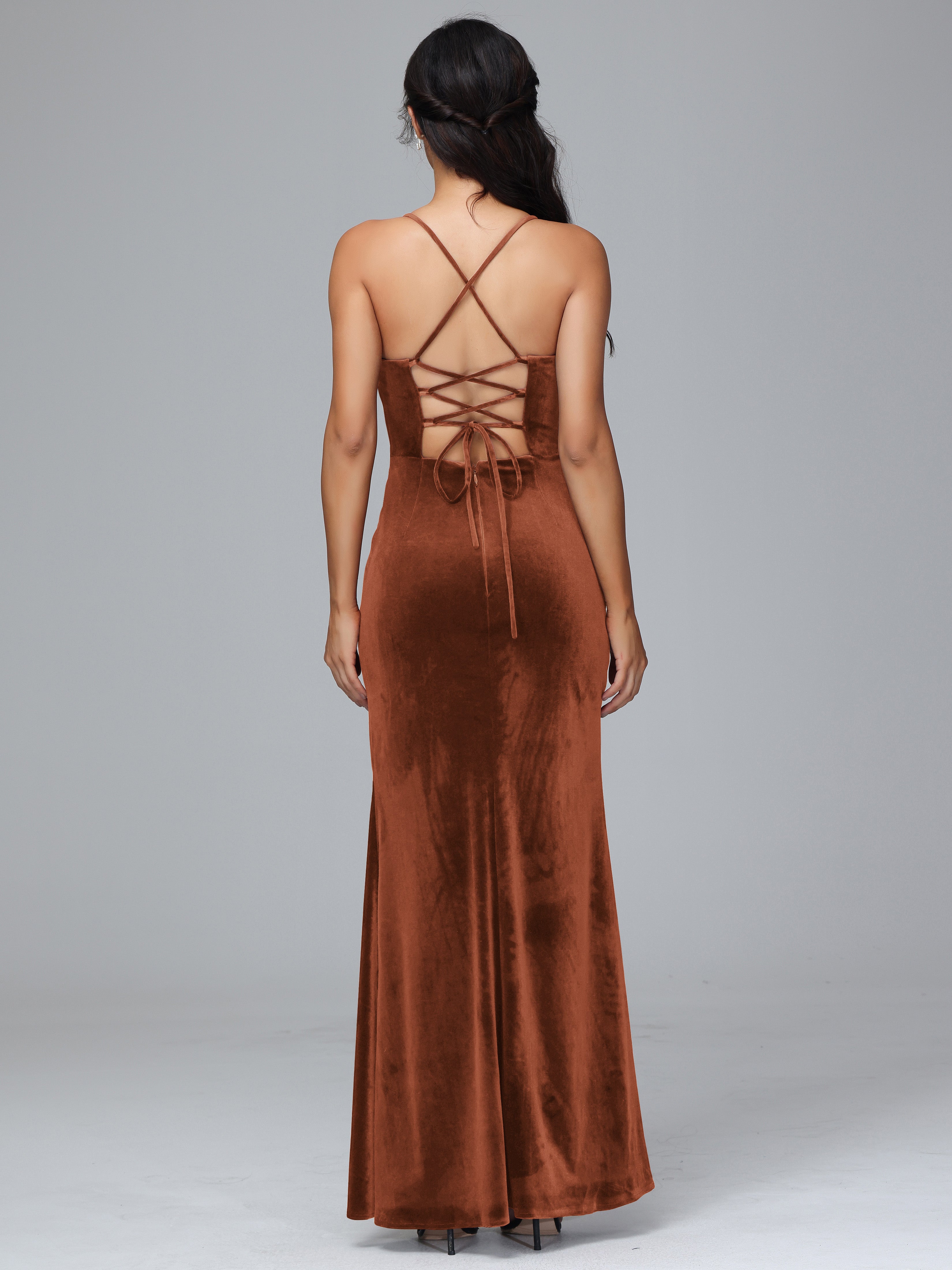 Spaghetti Criss-Cross Straps Velvet Bridesmaid Dresses With Split