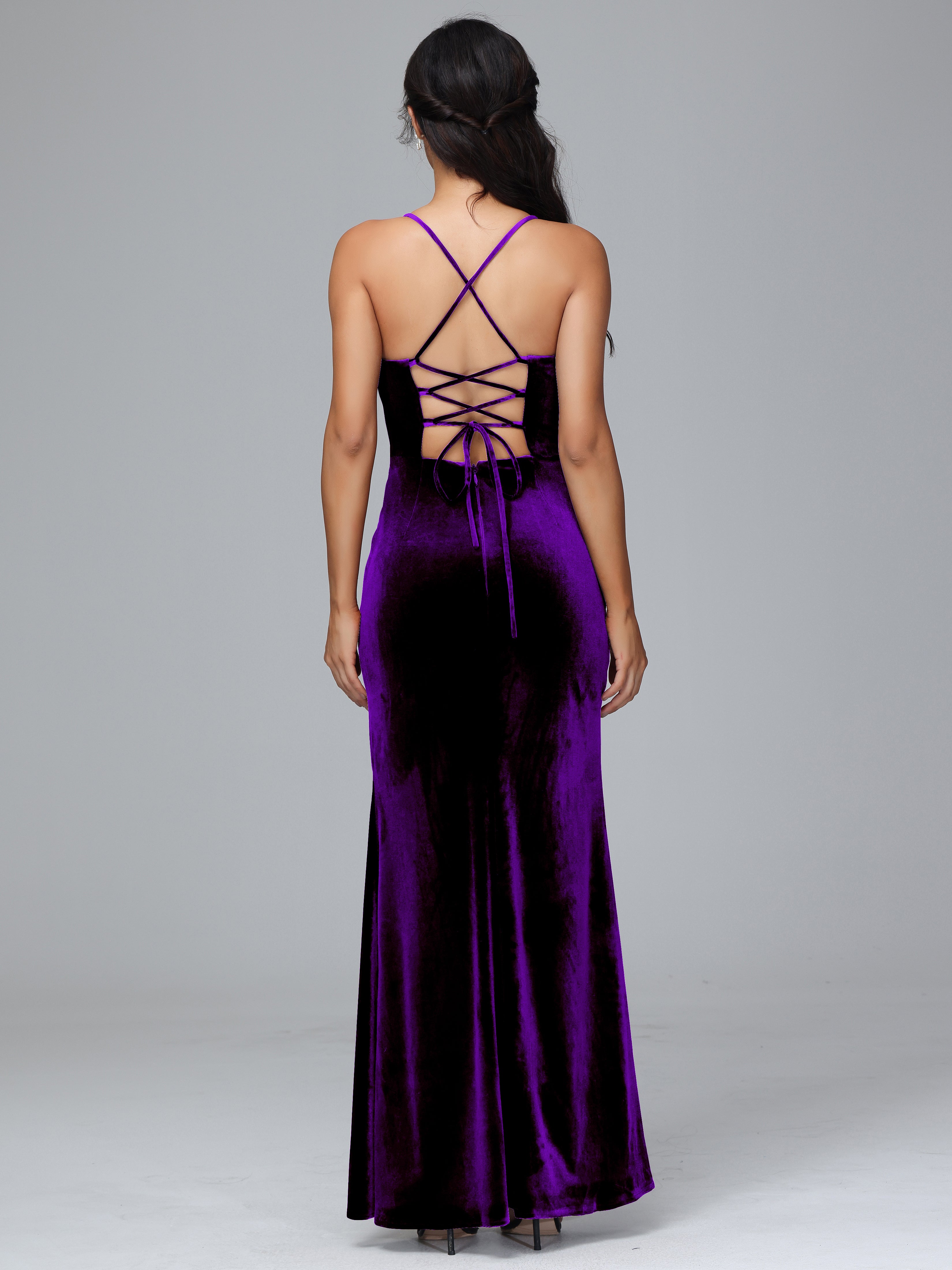 Spaghetti Criss-Cross Straps Velvet Bridesmaid Dresses With Split