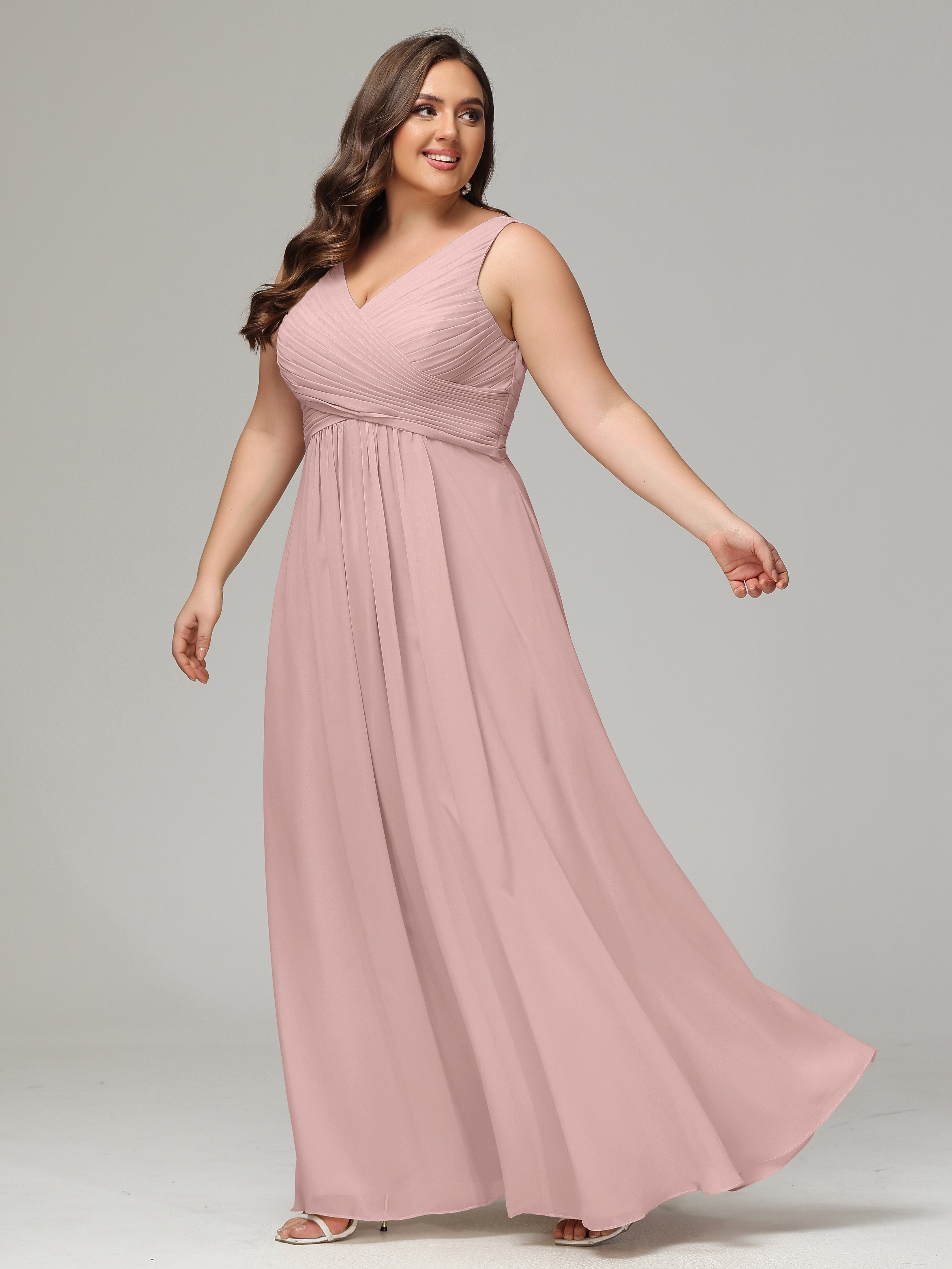 A line V neck Straps Floor Length Plus Size Bridesmaid Dresses